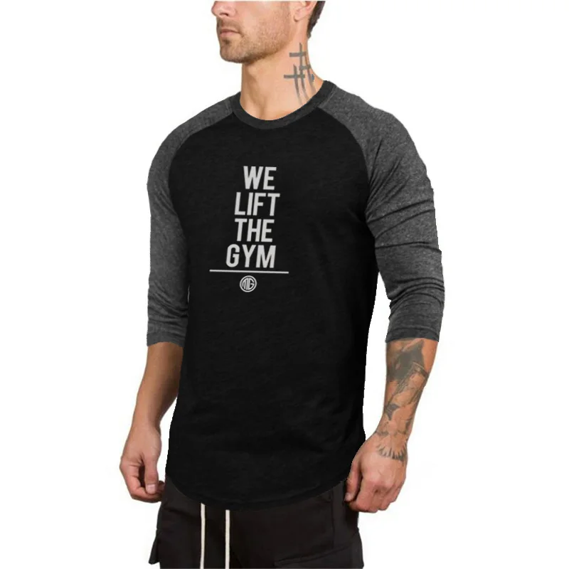 

New Spring Autumn Fit Fitness Seven points Tops Tees Sleeve T-Shirt Mens Fashion Slim Fit Elastic Male Cotton Slim Quarter