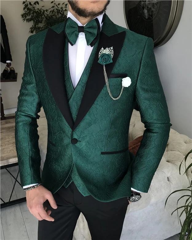 Tailor made man\'s Suit For Men Wedding Jacquard Green Blazer Set 3 Piece Slim Fit Costume Homme Custom Made Groom\'s Jacket Set