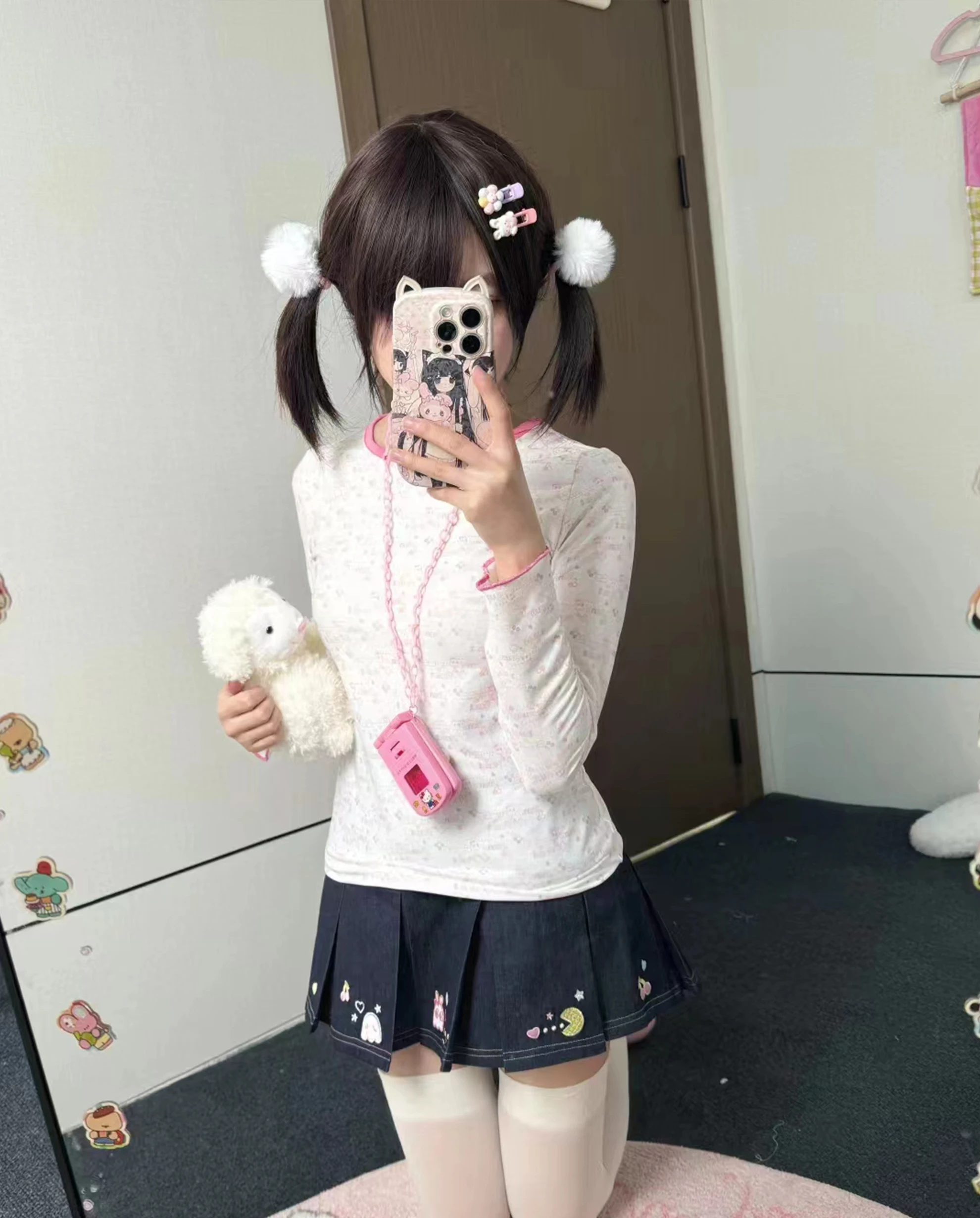 الأصلي اليابانية لينة الفتيات Kawaii تي شيرت ربيع الخريف جديد المرأة سليم صالح الجولة الرقبة الكرتون طباعة Y2K ملابس ابنة #4