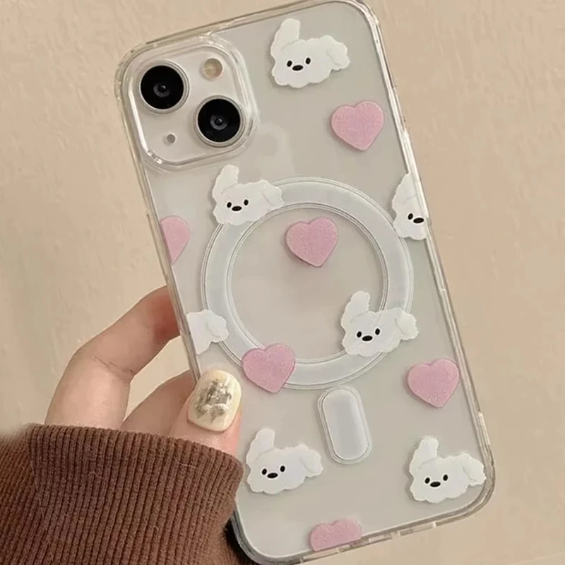 Kawaii Cartoon Welpen-Herz-Print Kabelloses Laden Magnetische Hülle für iPhone 17 Air 16 15 14 13 12 11 Pro Max Acryl-Hartschale – Detail 5