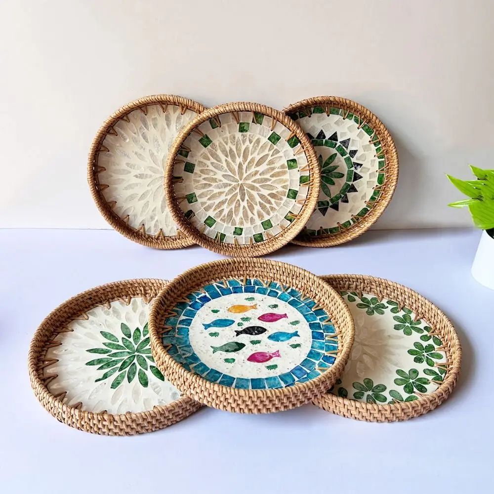 Creative Gift Shell Mosaic Round Woven Tray Home Decor Handmade Decorative Wall Plate Decorative Table Centerpiece