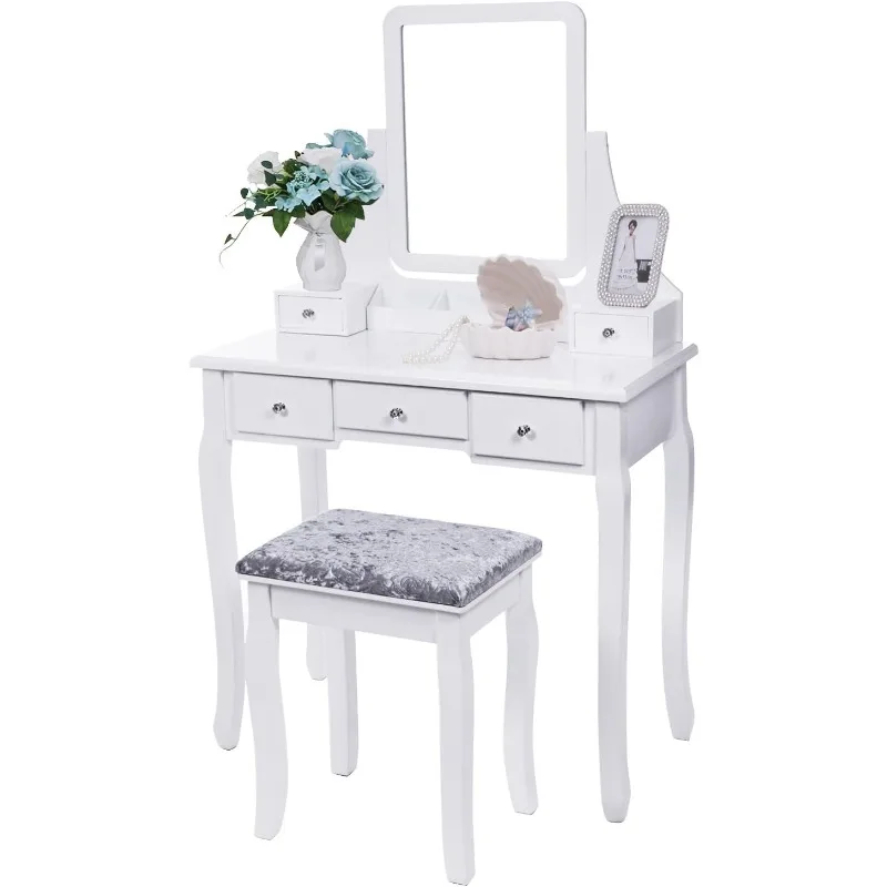 Vanity Set with Mirror & Cushioned Stool Dressing Table Vanity Makeup Table 5 Drawers 2 Dividers Movable Organizers White