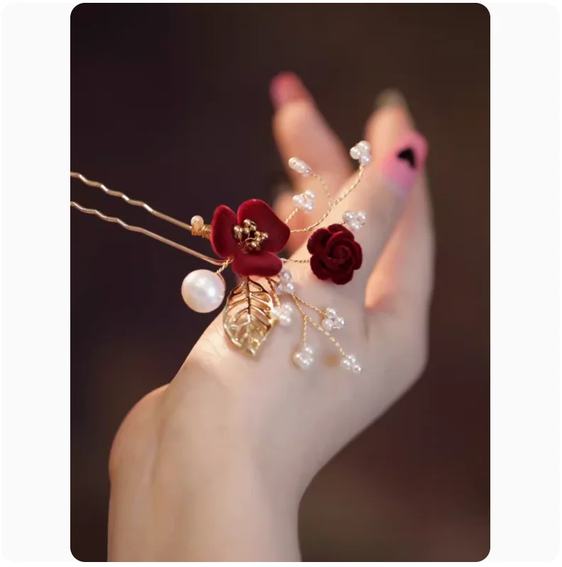 Clássico U Shaped Hairpin para Meninas, Red Little Hair Stick, Ancient Hanfu, Cobrir Sideburns, Flor Hairpin, Headdress, Glamorous