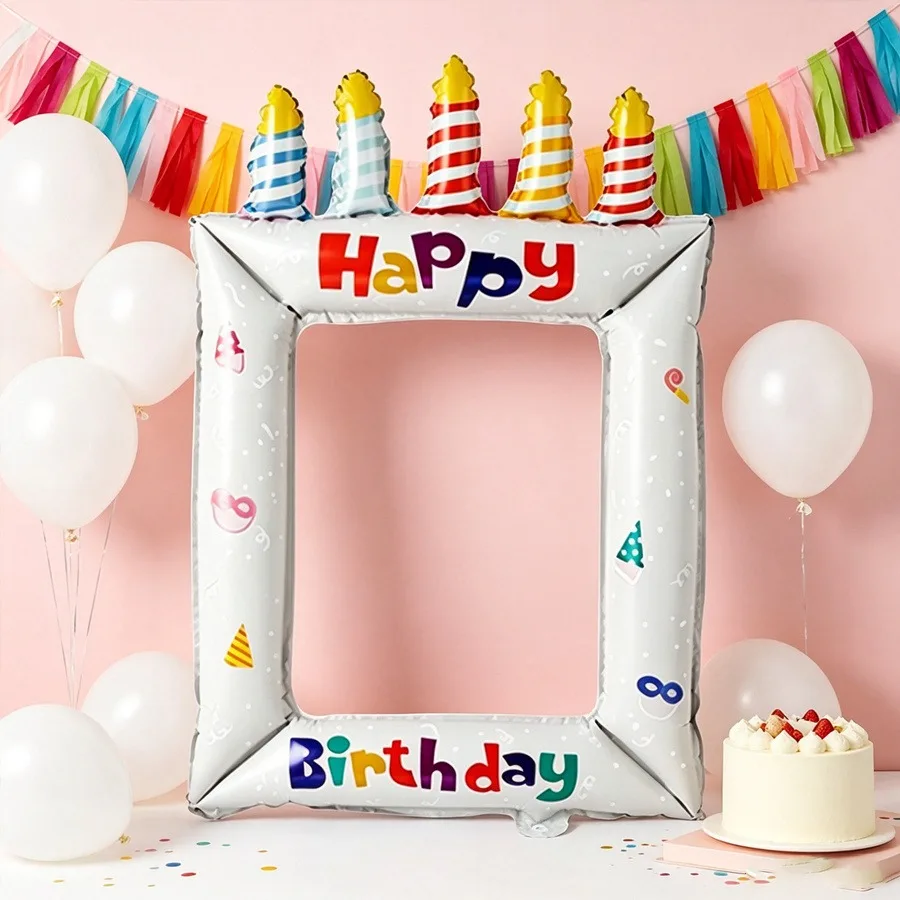1 Stück weißer Kerzen-Geburtstags-Fotorahmen-Ballon, geeignet für Geburtstagsfeier-Dekoration, Foto-Requisiten zum Geburtstag, dekorativer Ballon