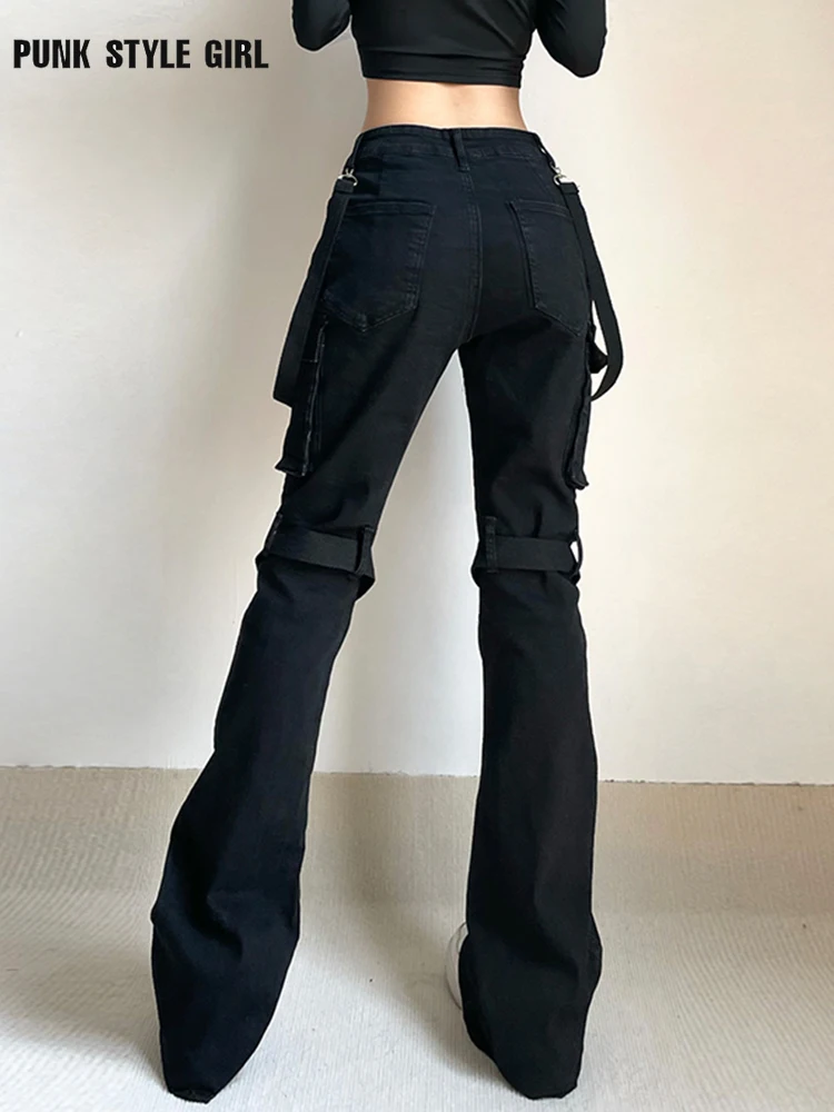 2024 90s Harajuku Streetwear Emo Alt Straight Pants Women Y2k E-girl Dark Academia Gothic Metal Buckle Leg Ring Trousers Female