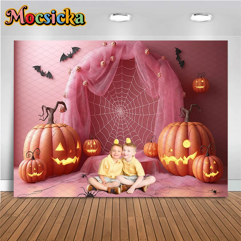 

Mocsicka Halloween Backdrop For Photography Baby Shooting Props Spider Web Pink Wall Pumpkin Autumn Background Decoration Studio