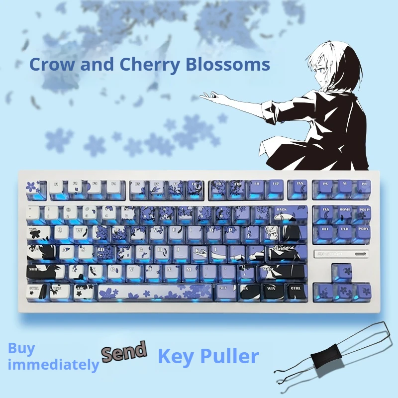 Raven Sakura Blue Cherry Blossom Reproduction Pbt Four Sided Transparent Thermal Sublimation Asa Multi Row Keycaps Ergonomic