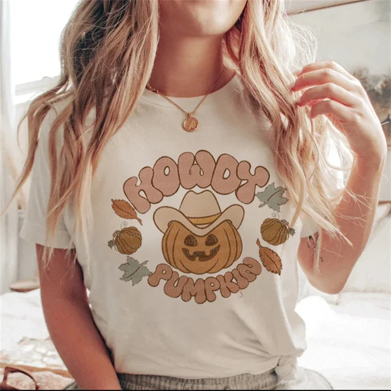Camiseta Harajuku de manga curta feminina, fofa e divertida estampa de abóbora, Harajuku casual, combina tudo, moda verão e outono, divertida, nova estampa
