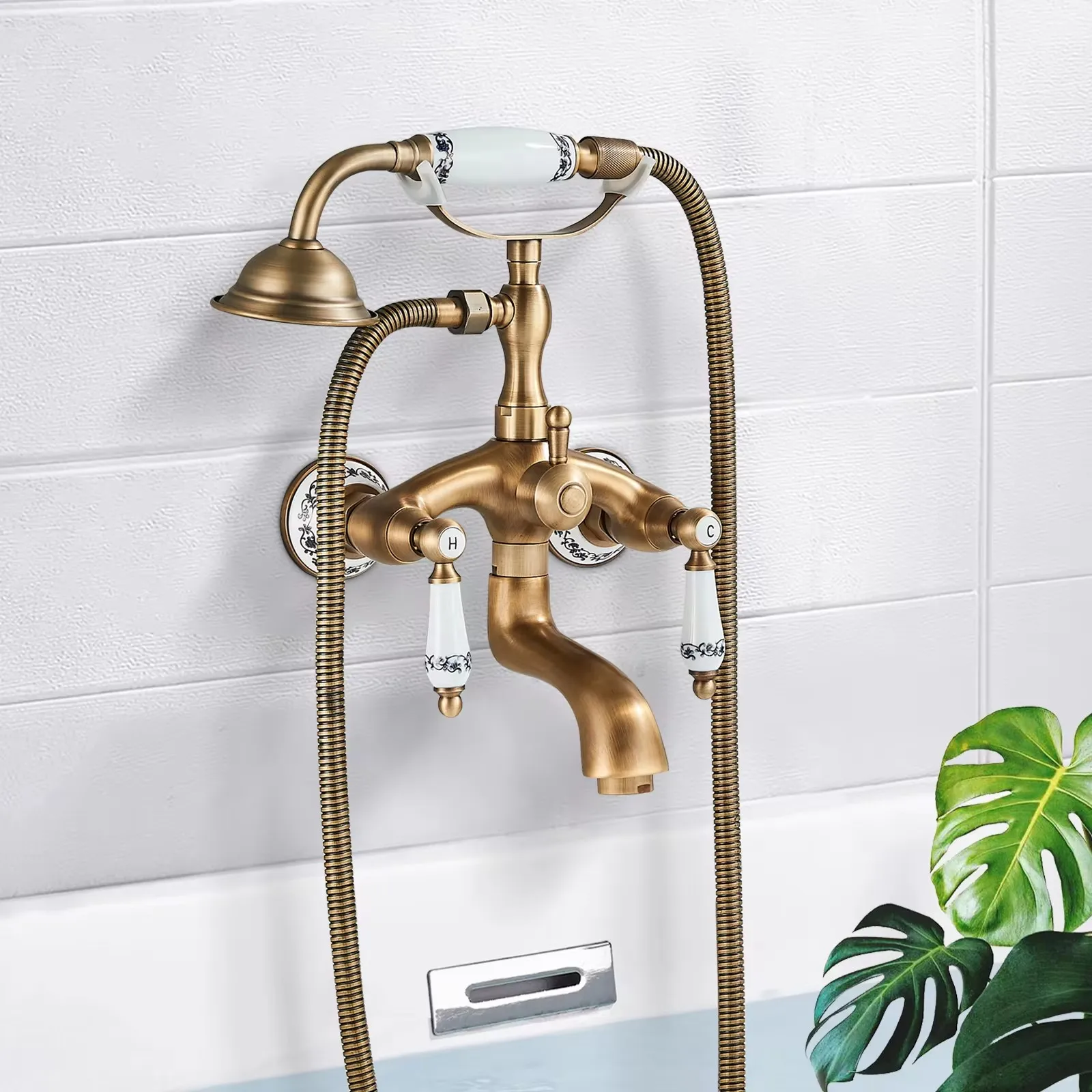 Antique Brass Bathroom Tub Faucet Telephone Style Bathroom Bathtub Wall Mounted With Handshower Swive Tub Spout N01