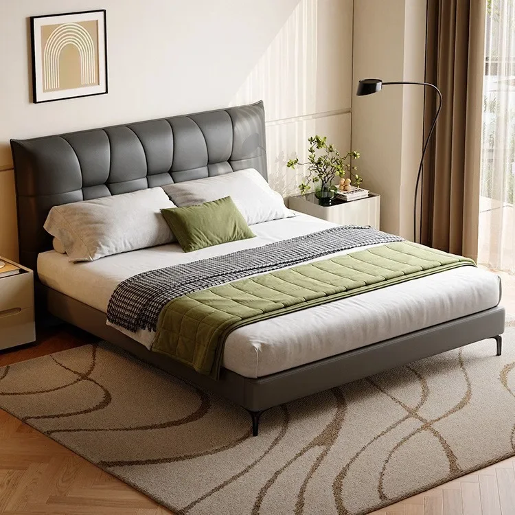 Minimalist, leather bed, ultra-thin bedside 1.5m double first-layer cowhide, master bedroom