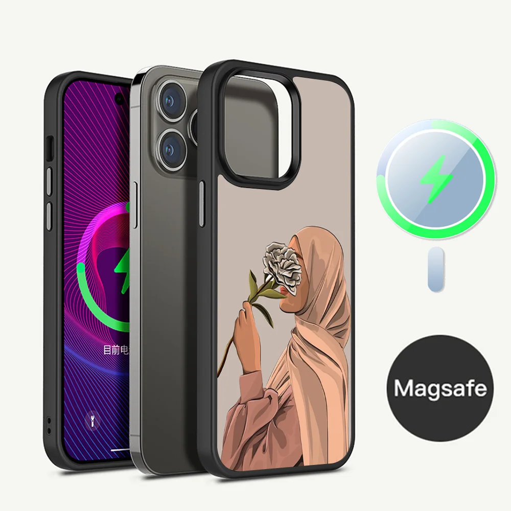 Muslim Arabic Hijab Girl Phone Case Magesafe Magnetic Wireless Charge Case For iPhone 16 11 12 13 14 15 Pro Max Plus Mini