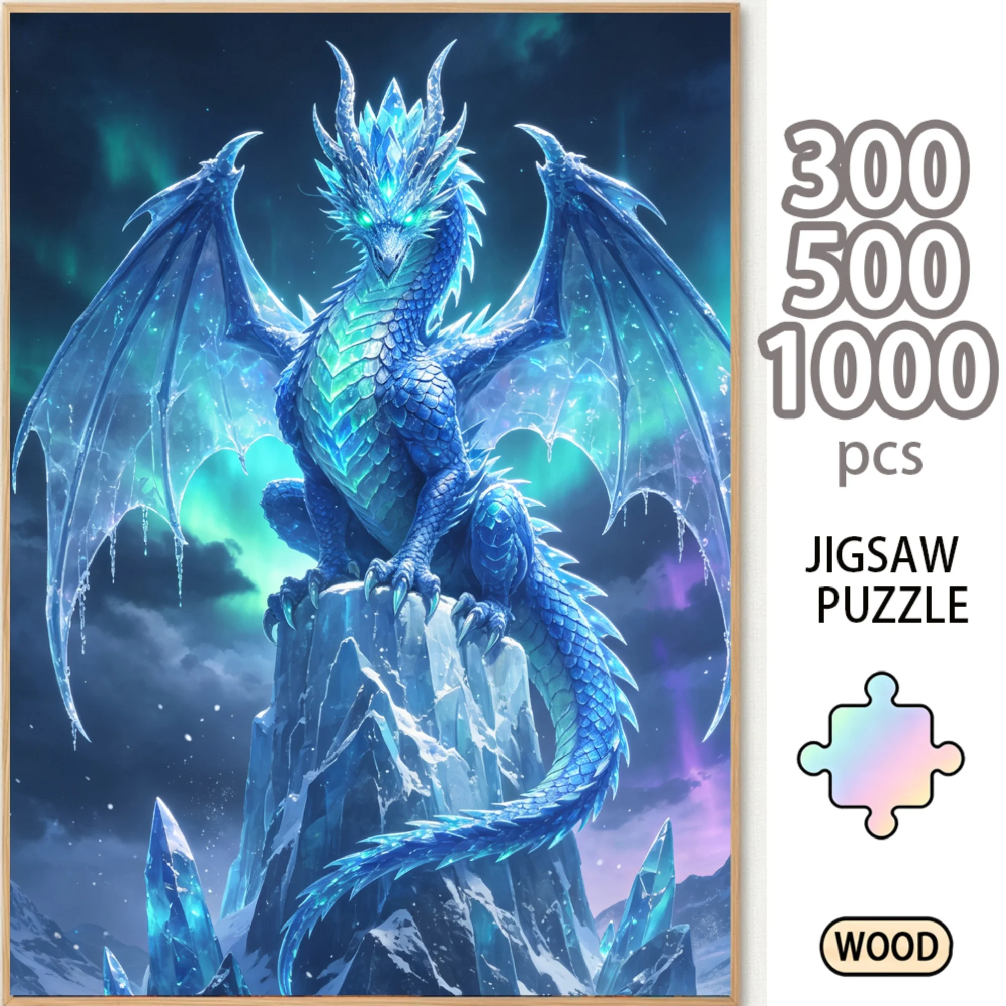 Frost Ice Dragon Mountain Peak Wooden Jigsaw Puzzle 300/500/1000 Piece Fantasy Mythical Beast Oil Painting Art Board DIY Decor Gift for Adults