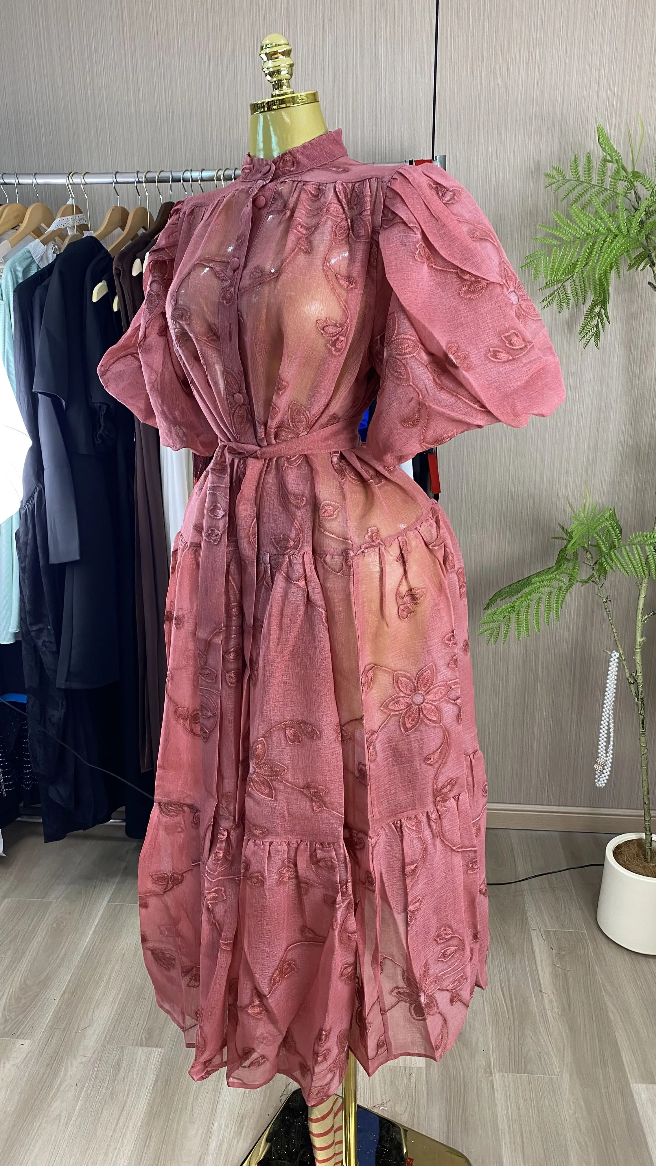 Women's Midi Dress: Lace-Paneled, Puff-Sleeve, Embroidered, Flared-Hem Style with Waist Tie – Sophisticated Chic-GZXX933