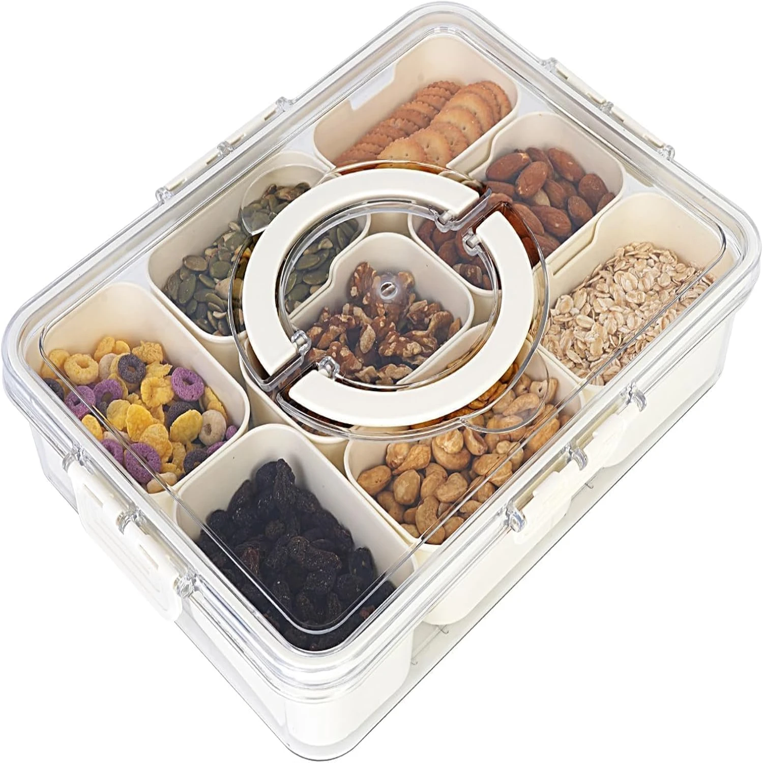 Snackle  Container, Divided Serving Tray with Lid and Handle - Clear Snack  Charcuterie Organizer - Car Charcuterie  for Candy,