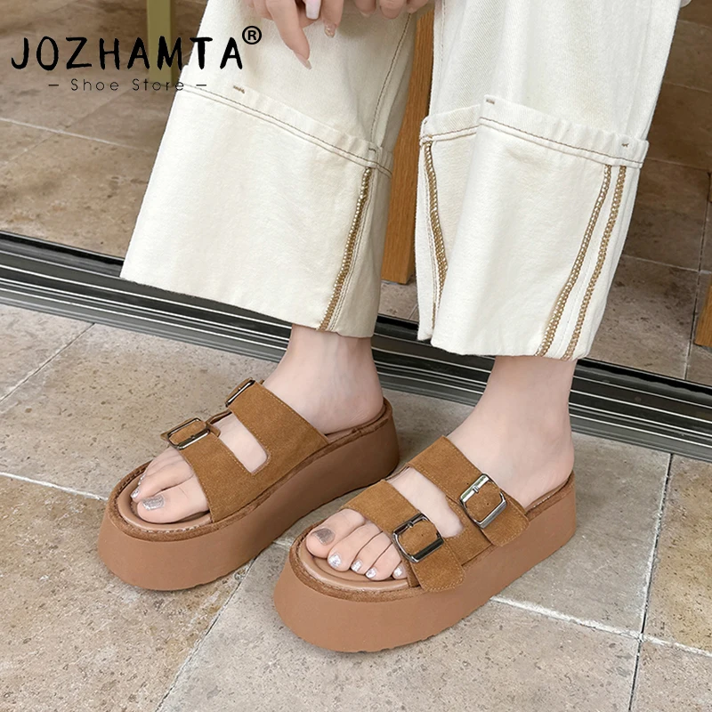 JOZHAMTA Size 33-40 Women Wedges Slippers Suede Real Leather High Heels Summer Shoes Platform Casual Daily Beach Slides Sandals