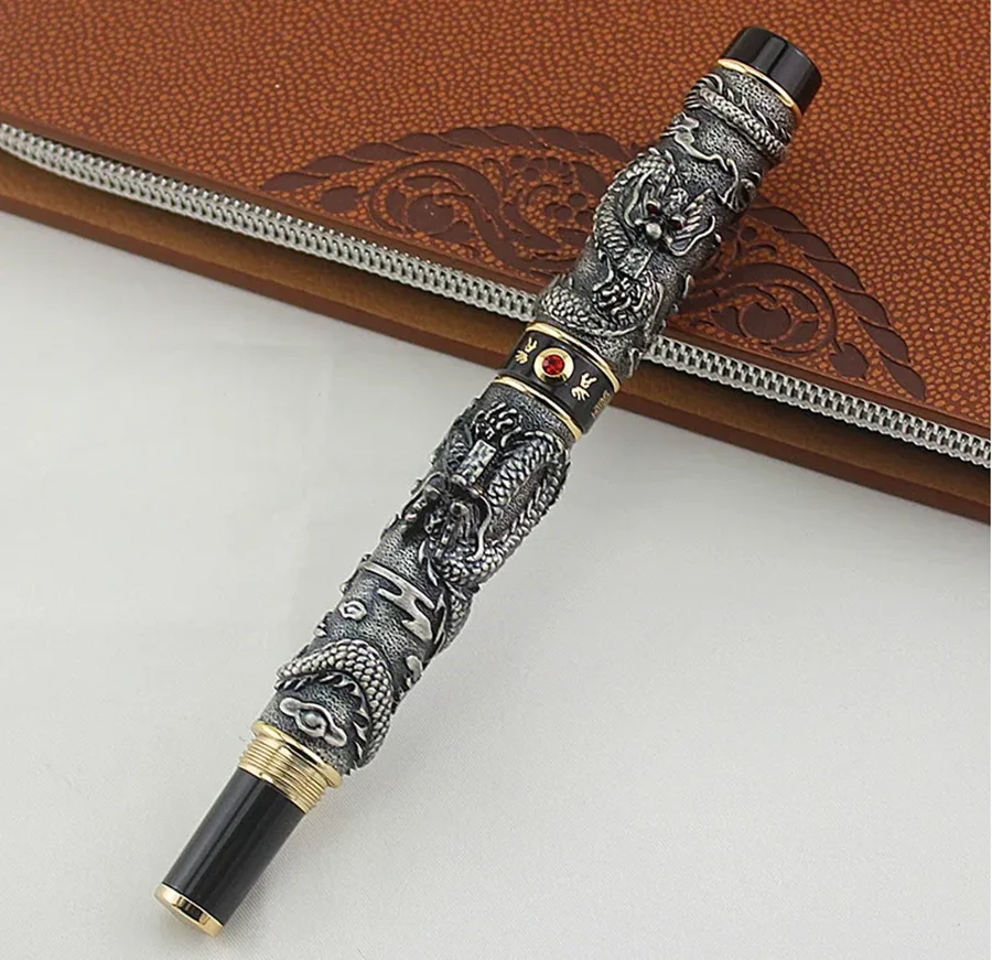 JINHAO GRAY FOUNTAIN PEN BROAD NIB DRAGON PLAY THE PEARL