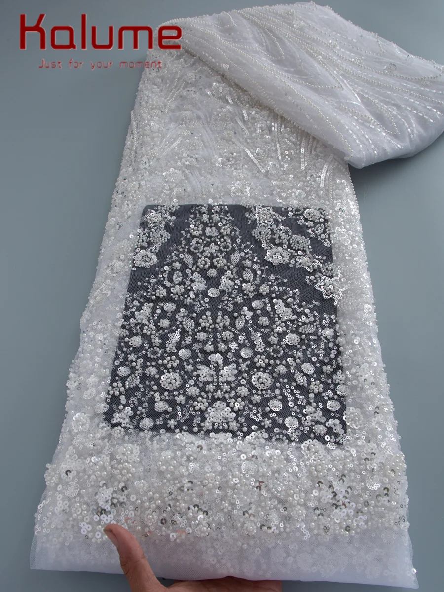 

White African Lace Fabric 2026 Handmade Beaded Bridal Sequins Luxury Nigerian Embroidery High Quality 5 Yards for Wedding Dress