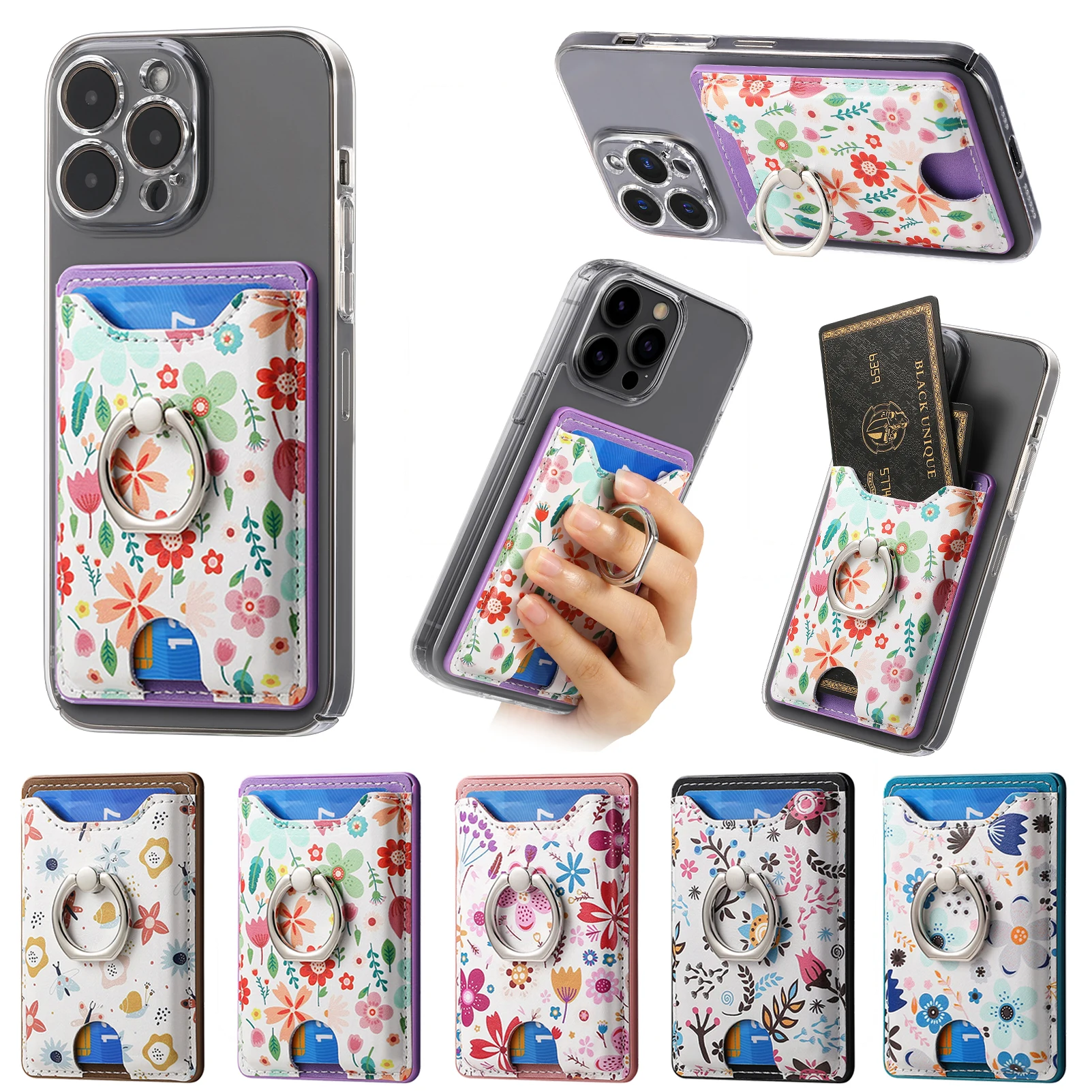 ดอกไม้ทาสีหนัง PU สติกเกอร์ด้านหลังกระเป๋ากาวเคสโทรศัพท์ Universal 360 °   ที่วางโทรศัพท์แบบหัวเข็มขัดแบบหมุนได้