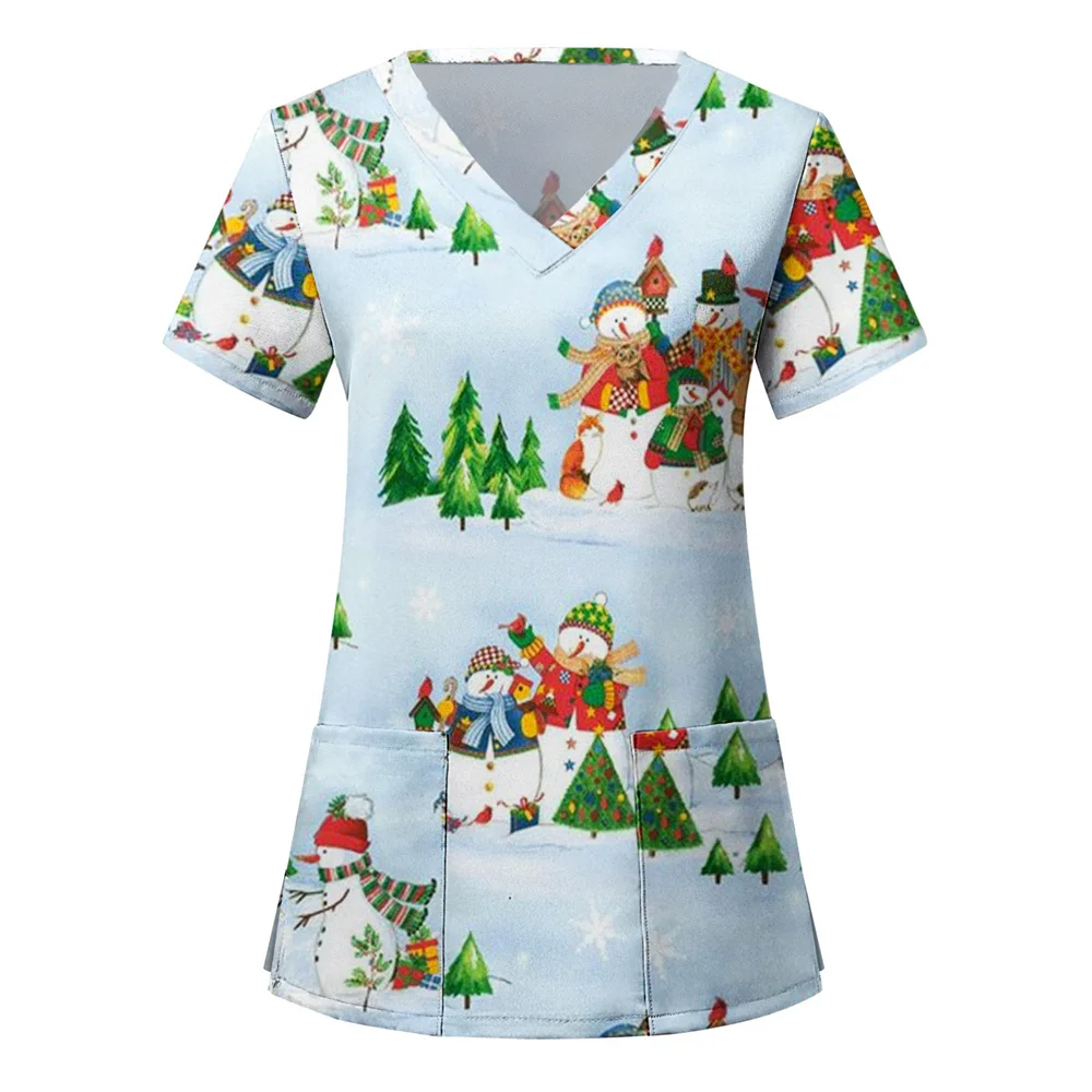 Surgical Uniforms Holidays Christmas Prints Style Pocket Design Surgical Costume Woman V-Neck Short Sleeve Nurse Medical Uniform