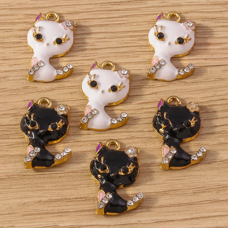 Tusember 10 Stück Niedliche Elegante Emaille-Kristall-Weiß-Schwarze Katzen-Anhänger für Schmuckherstellung, Ohrringe, Halsketten, DIY-Handarbeiten – Detail 4