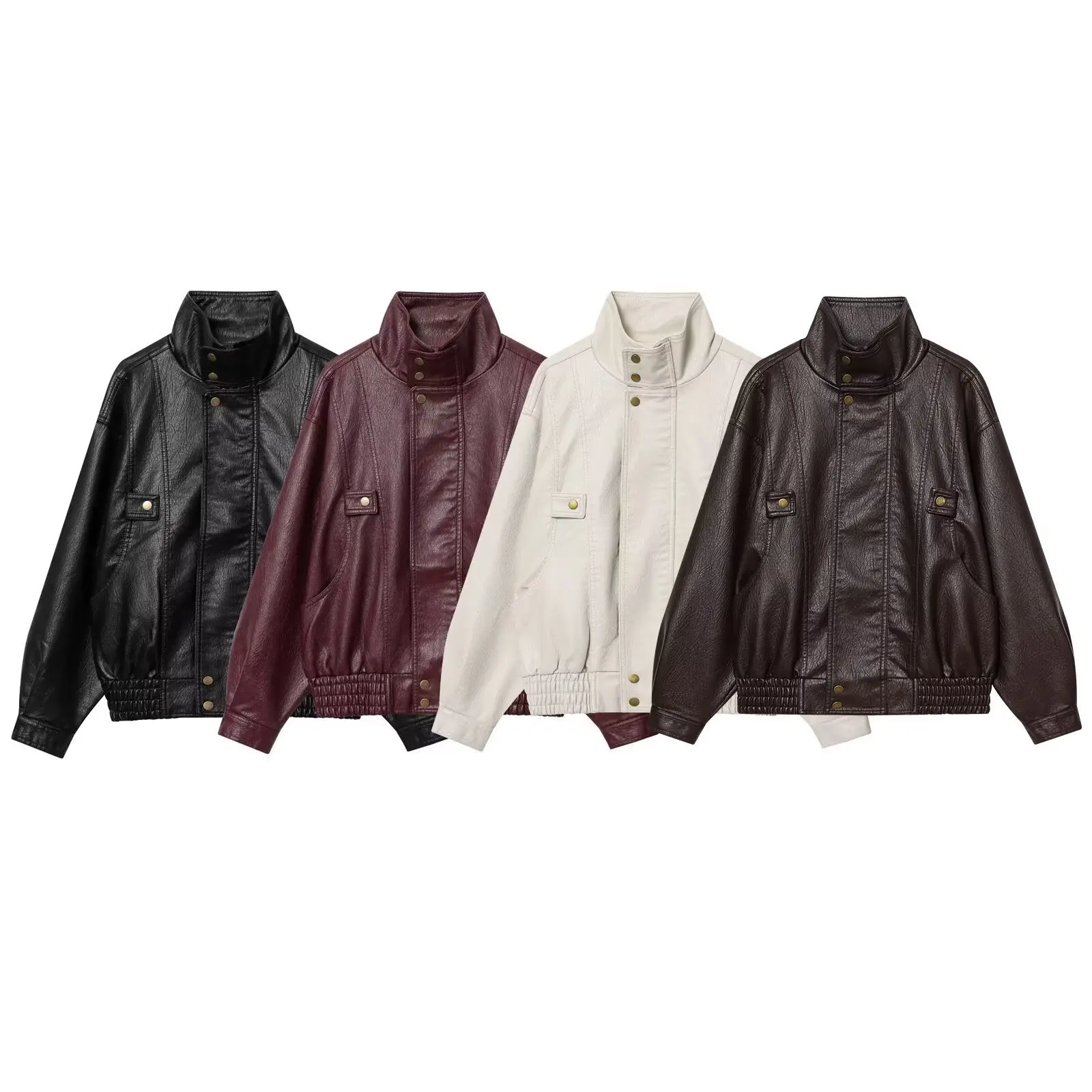 

New Fashion Women's PU Solid Pleated Front Zipper Bomber Jackets Casual High Neck Long Sleeves Female Elegant Chic Lady Outfits