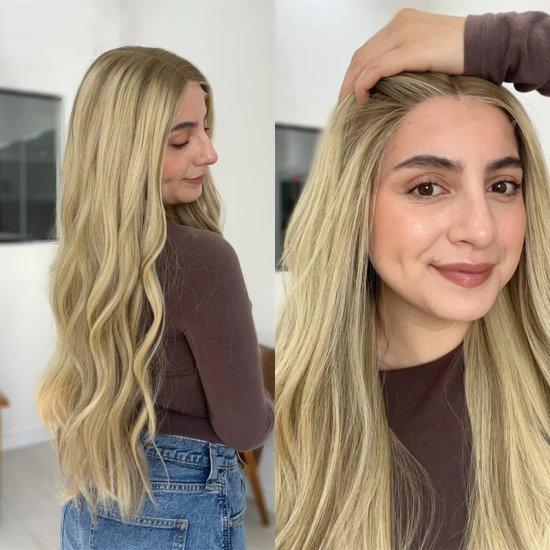 

Парик из термостойкого волокна, омбре, золотистая блондинка, мелирование, синтетический HD парик спереди, реалистичная предварительно выщипанная линия волос с волосами ребенка