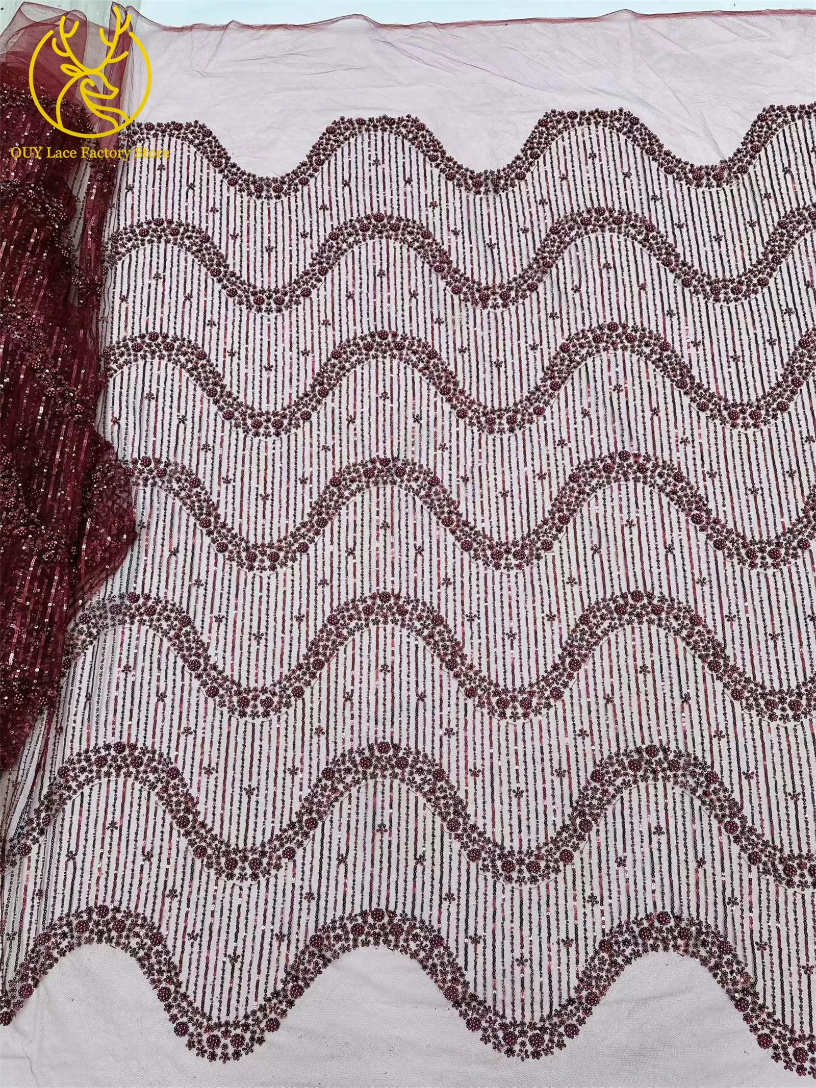 5 Yards Afrikanischer Bräutigam-Perlen-Tüll-Spitzenstoff Rosa Eleganter Nigerianischer Pailletten-Perlen-Netzstoff zum Nähen von Hochzeits- und Partykleidern – Detail 25