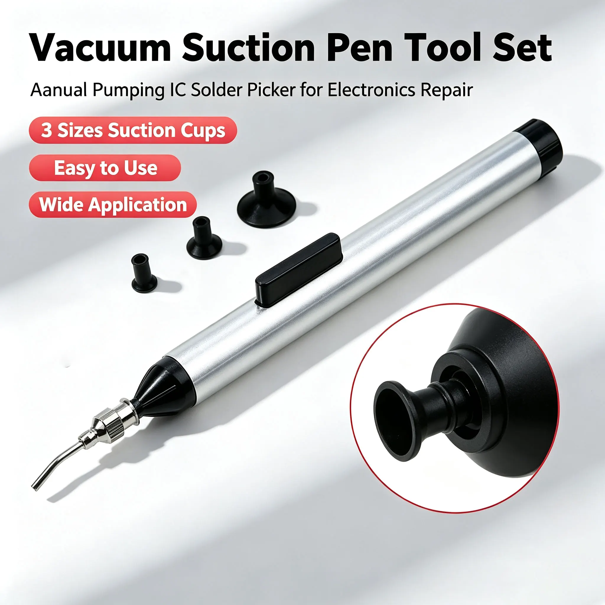 Manual Vacuum Suction Pen IC Solder Picker Hand Tool Set 3 Sizes Sucking Nozzles Alternative Tweezers for Electronics Repair