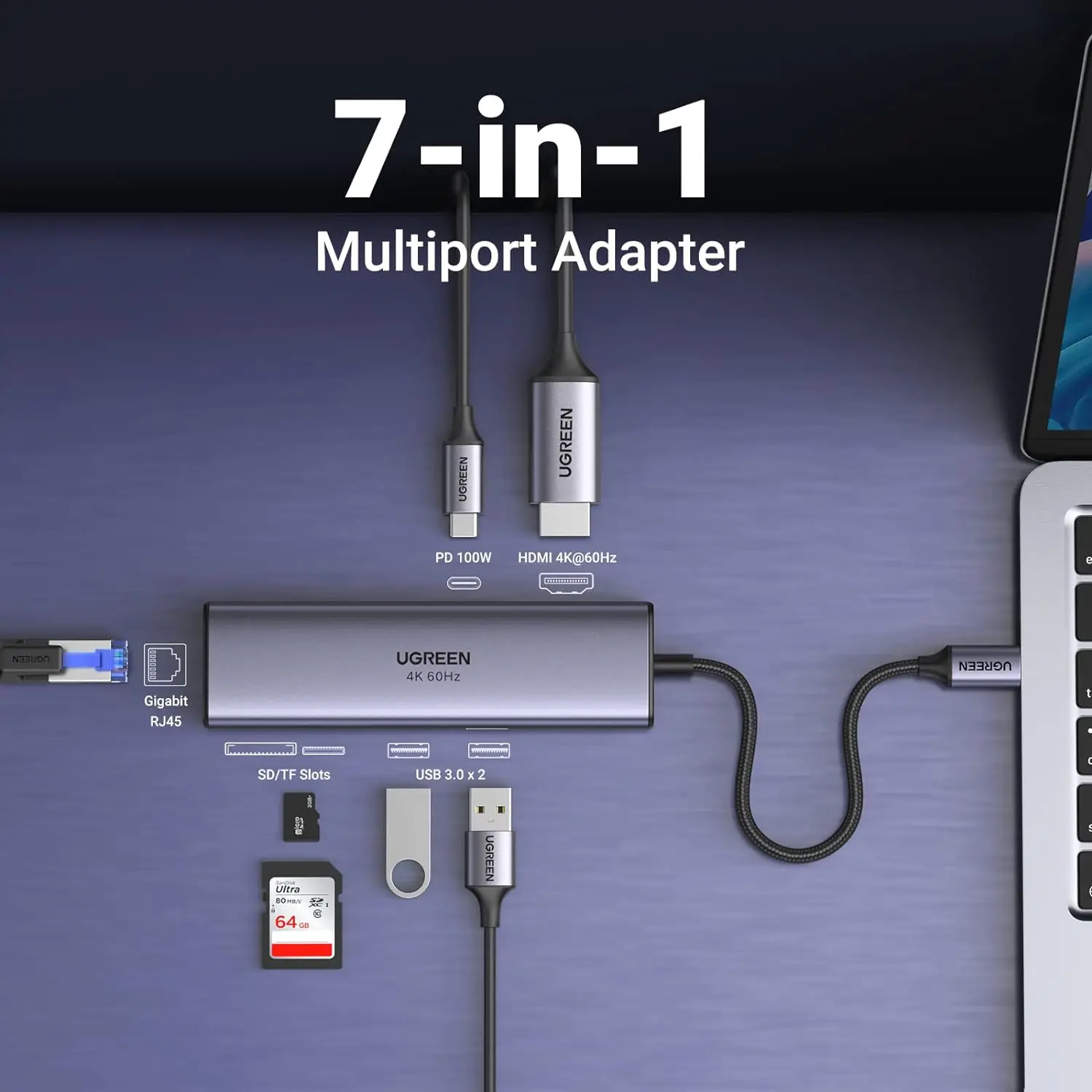 UGREEN Revodok 7 in 1 USB C Hub Gigabit Ethernet Adapter 4K@60Hz-HDMI, 100W PD Charging, USB a Data Ports, SD/TF Card Reader