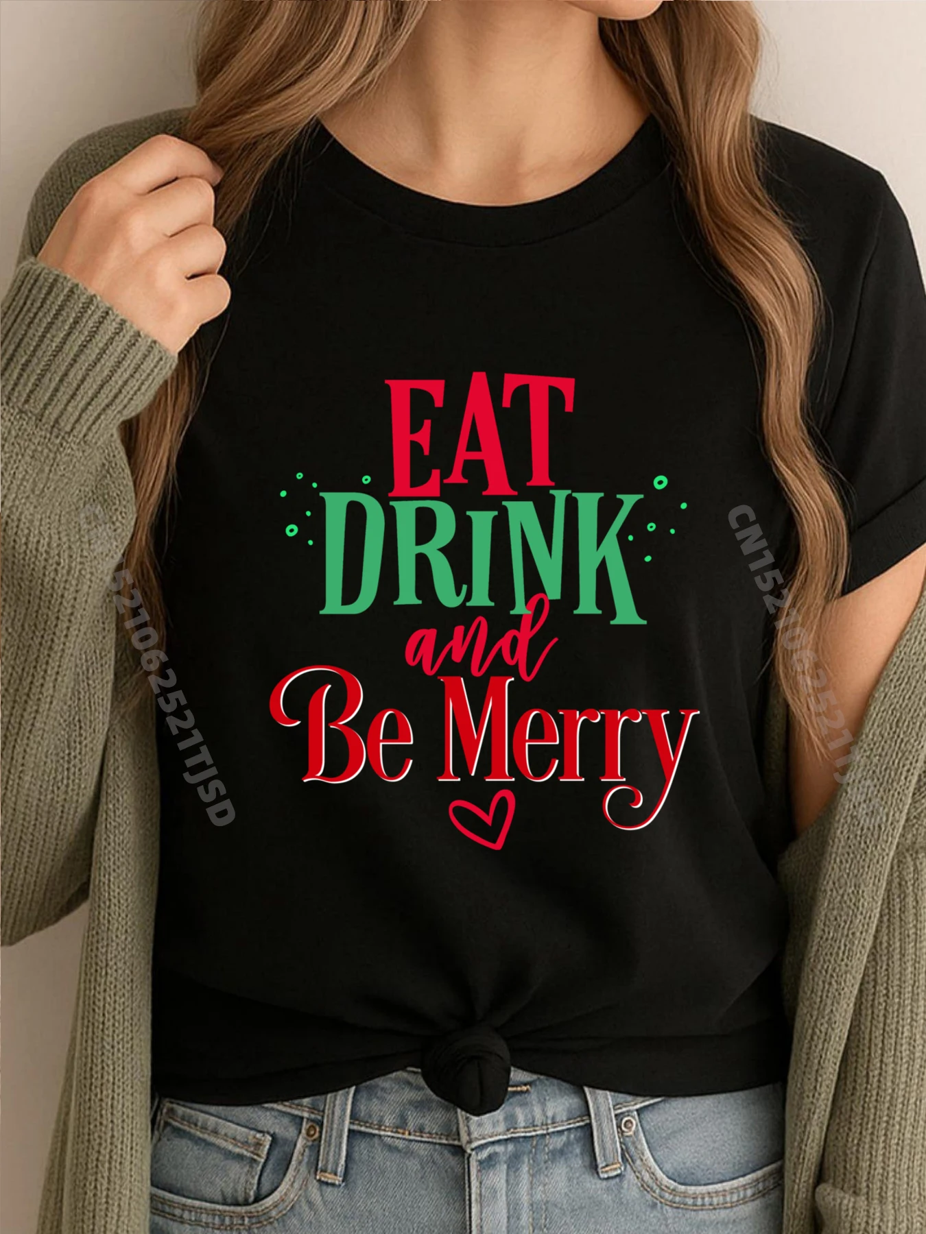 

Christmas Eat Drink And Be Merry Holiday Saying Shirts Woman Graphic Luxury T-Shirt England Style
