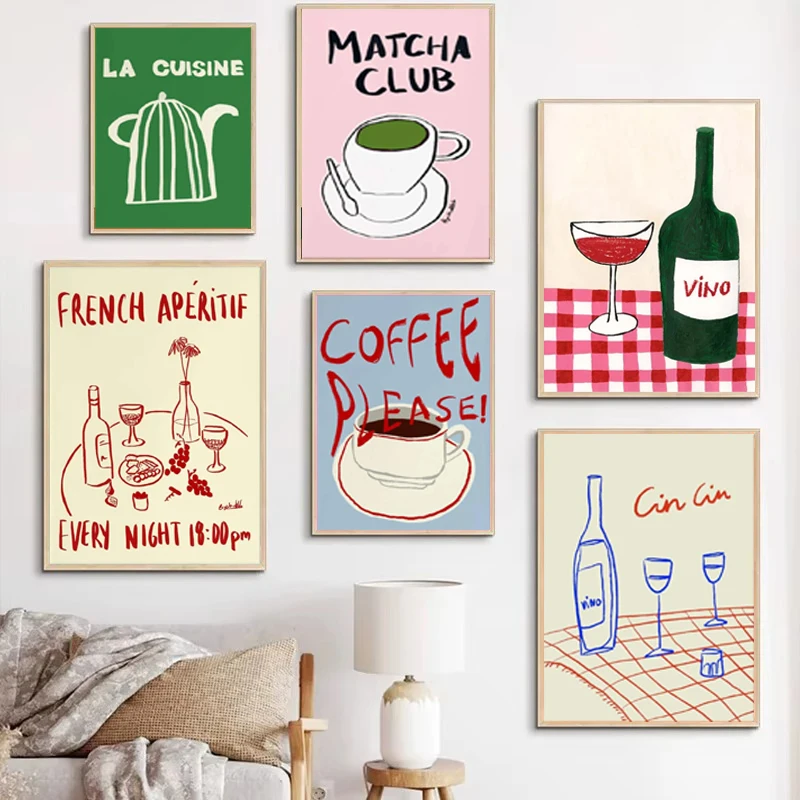 1PC frameless decorative art print,Colorful Drawings Abstract Art Food Posters Canvas Decorations Painting Coffee Tea Wine Vinta