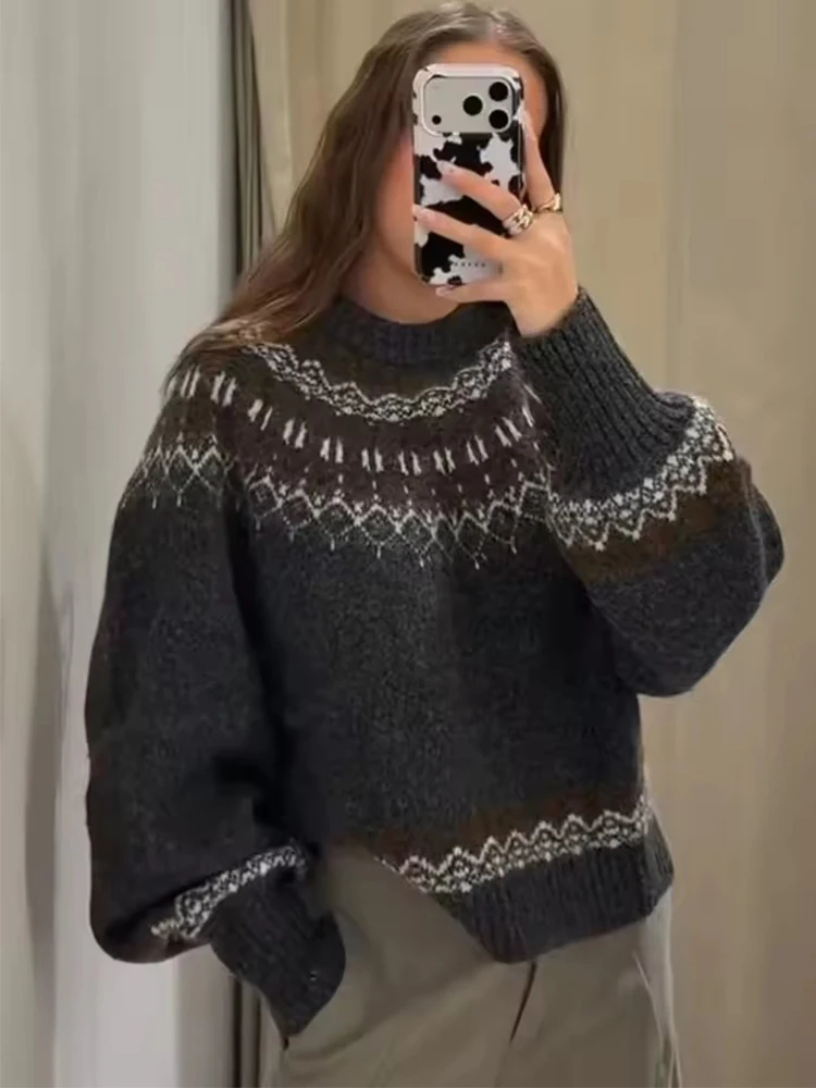 

Женский вязаный пуловер, женский модный винтажный жаккардовый короткий свитер с длинными рукавами, новинка 2025 года, повседневный свободный трикотаж, топы ﻿ ﻿