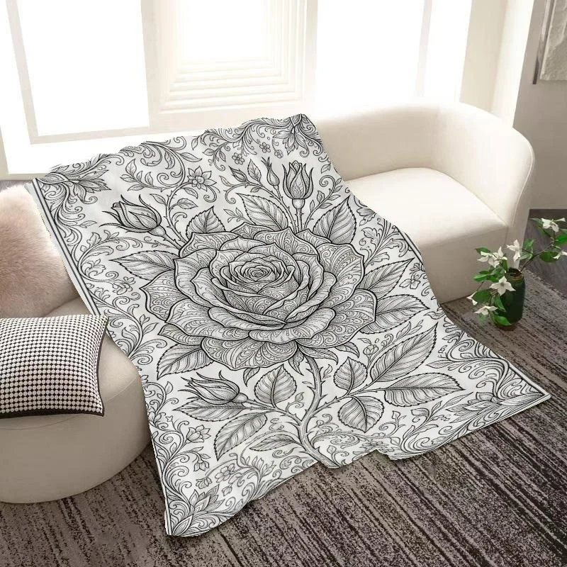 Elegant Floral Rose Line Art Throw Blanket Polyester Cozy Couch Throw Decorative Boho Print for Sofa Bed Home Decor