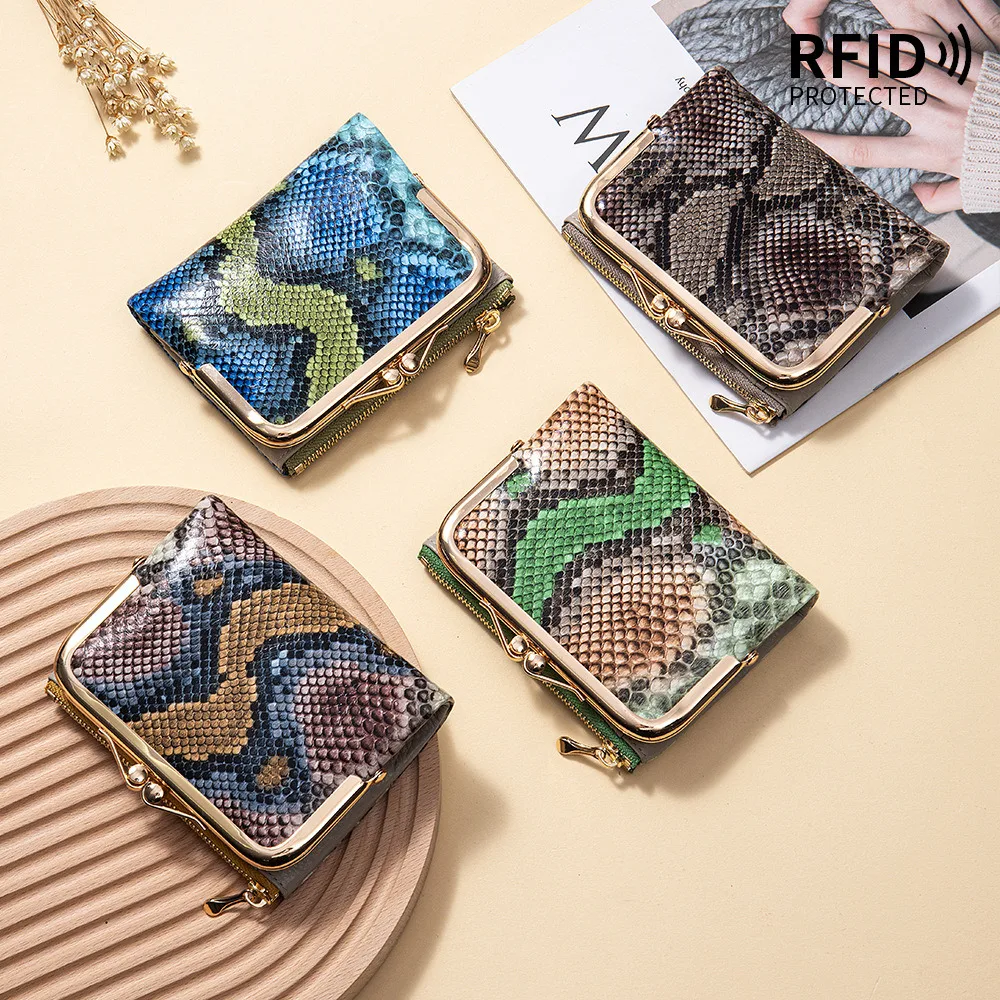 Genuine Leather Snake Pattern Short Wallet RFID Multi-Card Slot Card Holder First Layer Cowhide Clutch Bag Clip Coin Purse .