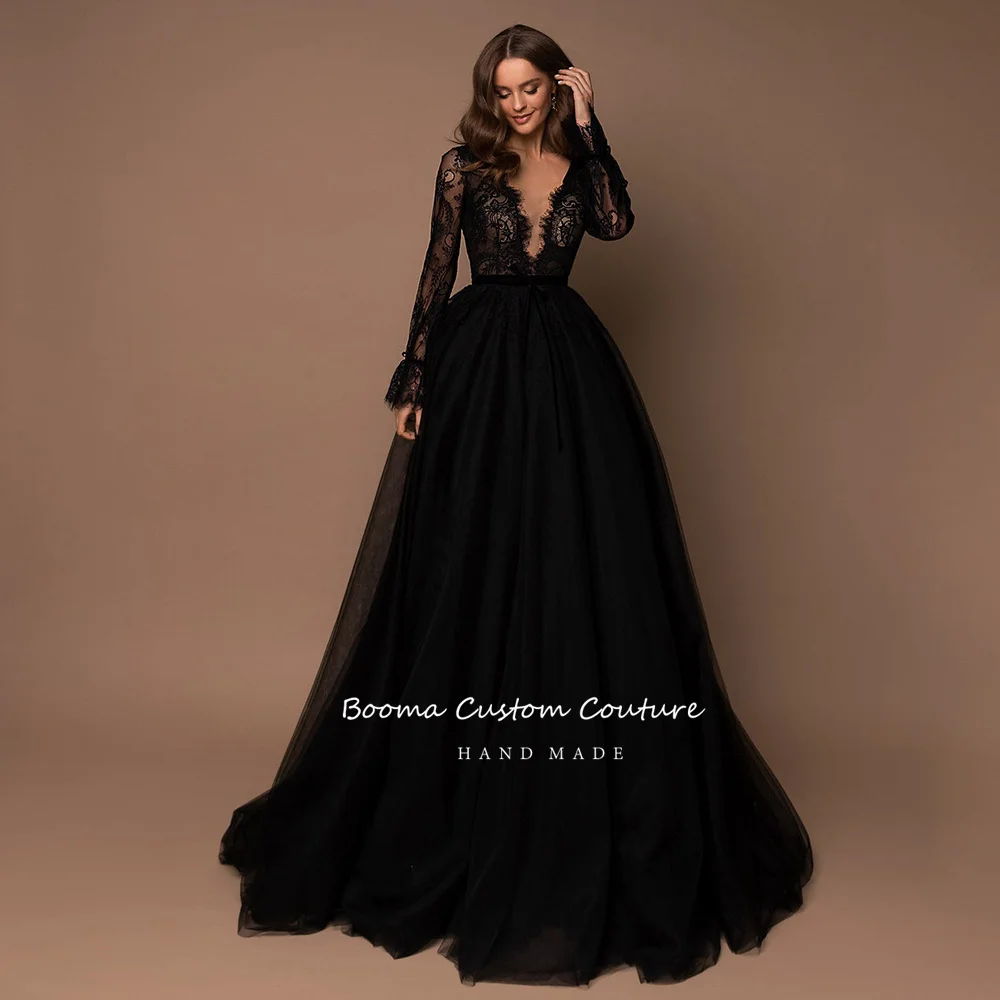 Elegante vestido de fiesta negro con escote en V, mangas largas, corpiño de encaje de ilusión, línea A, Vestidos de Noche de terciopelo con fajas