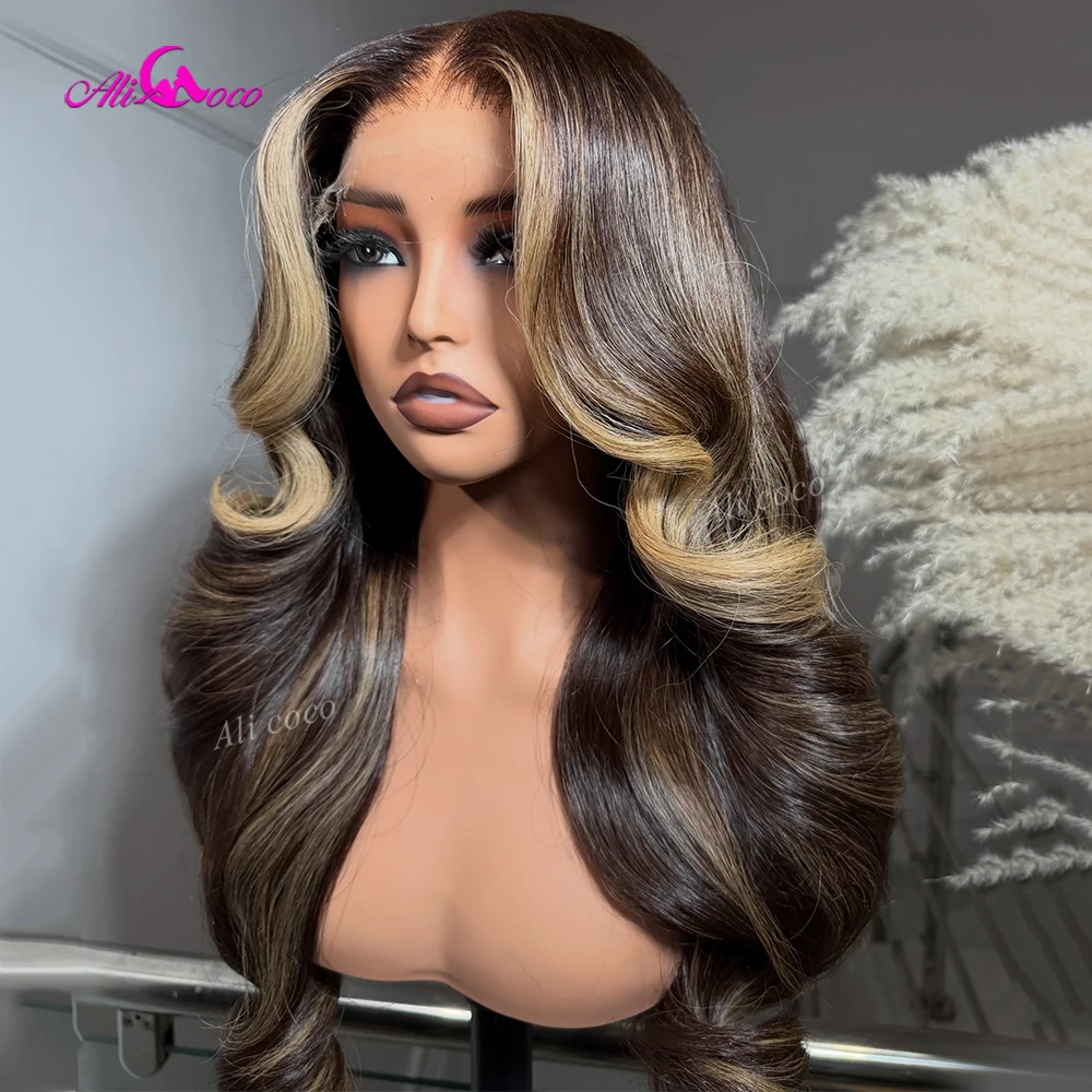 32-Inch Highlight Dark Brown Blonde 16A Upgrade Hair Drawstring Glueless 13X6 HD Lace Front Human Hair Wig For Women Body Wav