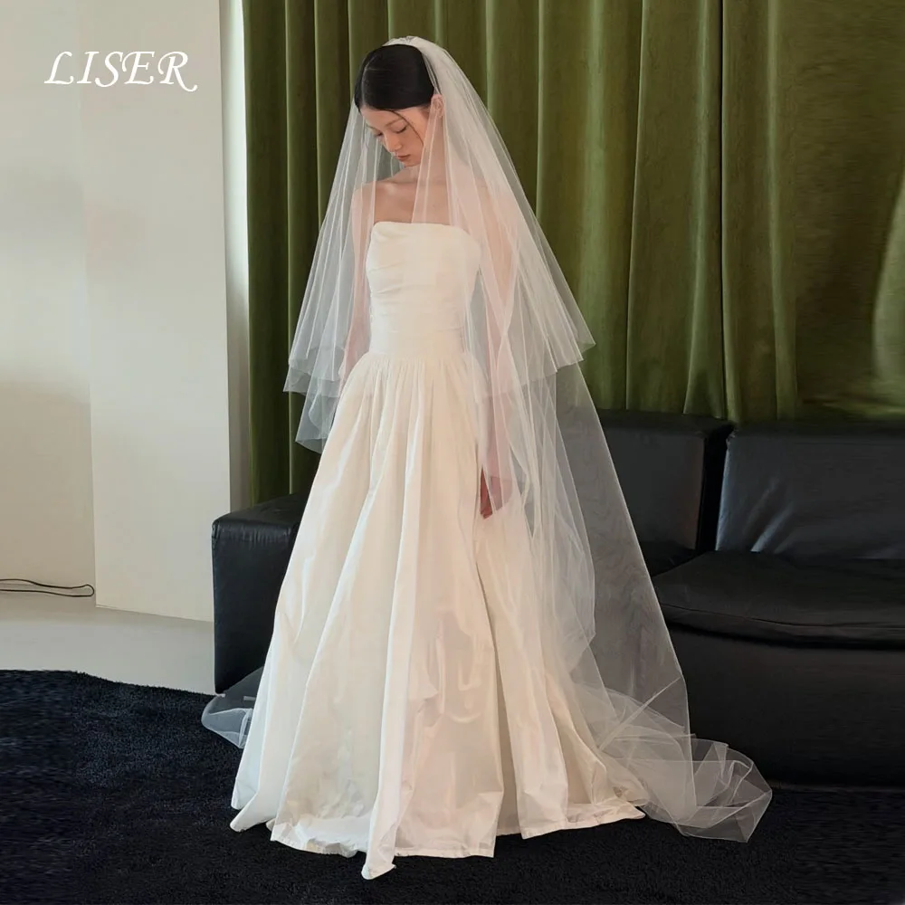 

Liser Strapless A-Line Korea Wedding Dresses Photo Shoot Simple Silk Taffeta Elegant Long Bridal Gowns Customized 웨딩드레스