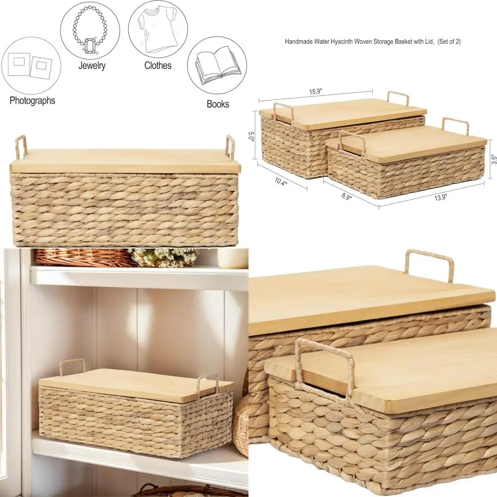 

Набор из двух многофункциональных тканых корзин для хранения водных гиацинта с крышками