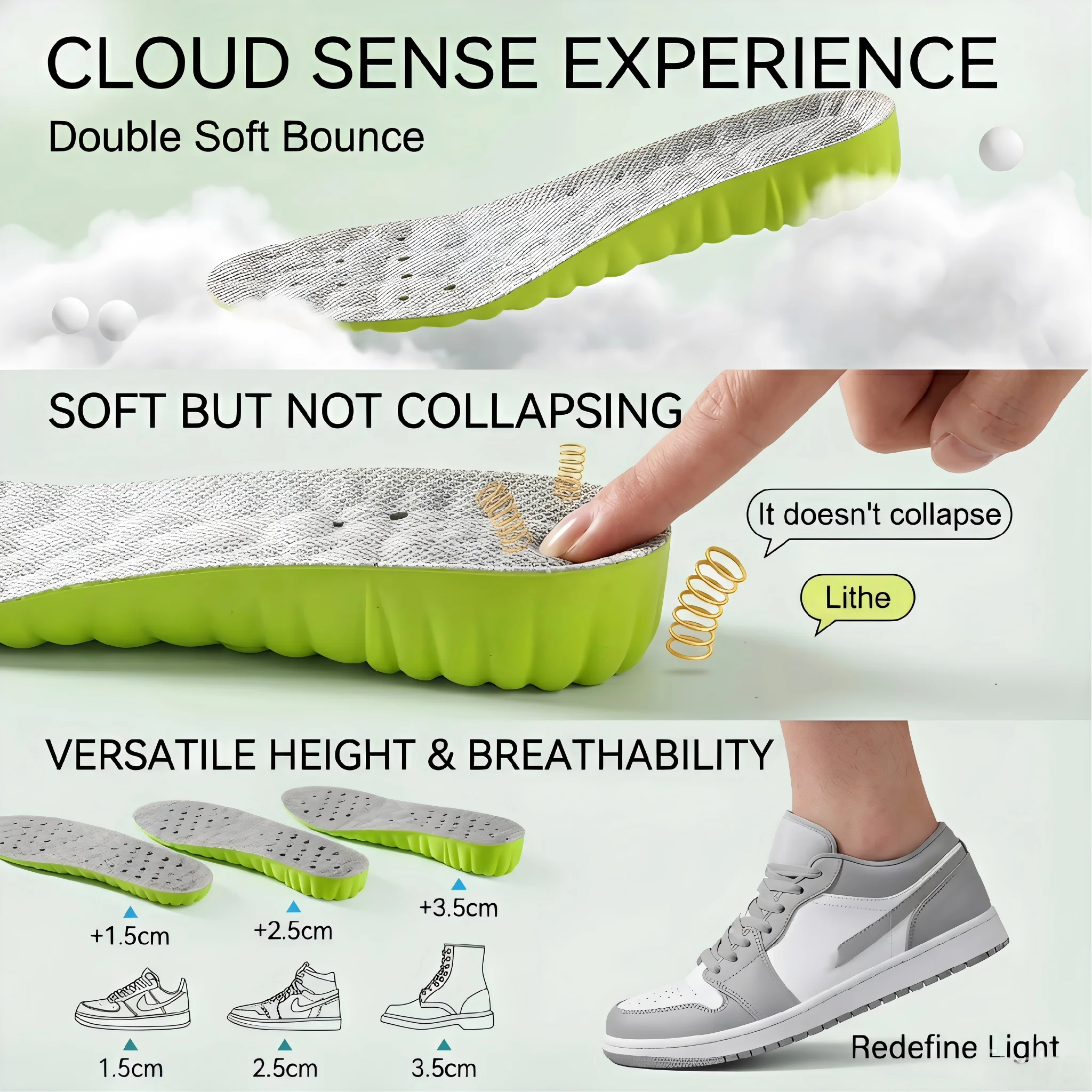 Ultra Light Cloud Soft Height Increase Insoles 1.5/2.5/3.5cm, Moisture Wicking Breathable Shock Absorbing for Men Women
