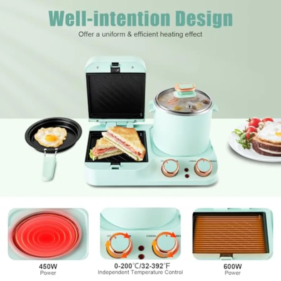 3 in 1 Breakfast Station Electric 110V Multifunctional Breakfast Maker with Mini Toaster NonStick Frying Pan Boiling Pot for Sa