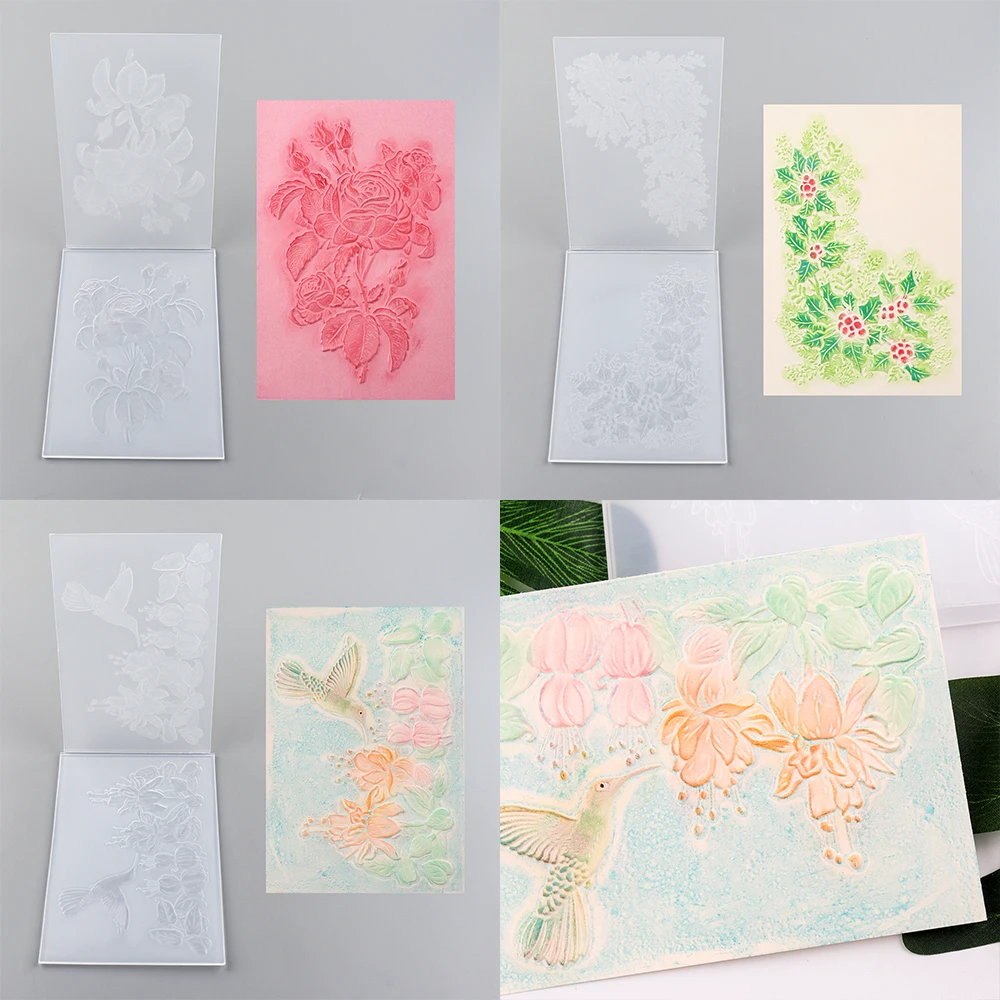 1pc 3D Embossing Folder Rose Blossom Holly Foliage Flying Bird Pattern for DIY Scrapbooking Adding Textured Christmas Paper Card