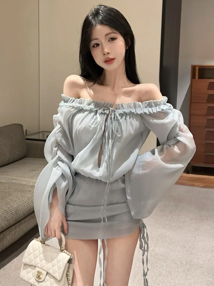 

Slimming Short Lace Trim Lantern Sleeve Pleated Belted One Shoulder Dress Korean Style Commute Casual Spring Fashion Dress