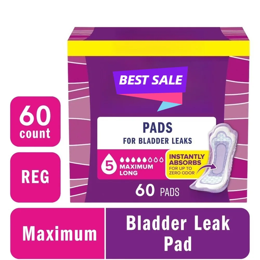 

60 Count Incontinence Pads for Women Maximum Absorbency Long Length Overnight Bladder Leak Protection Discreet Liners