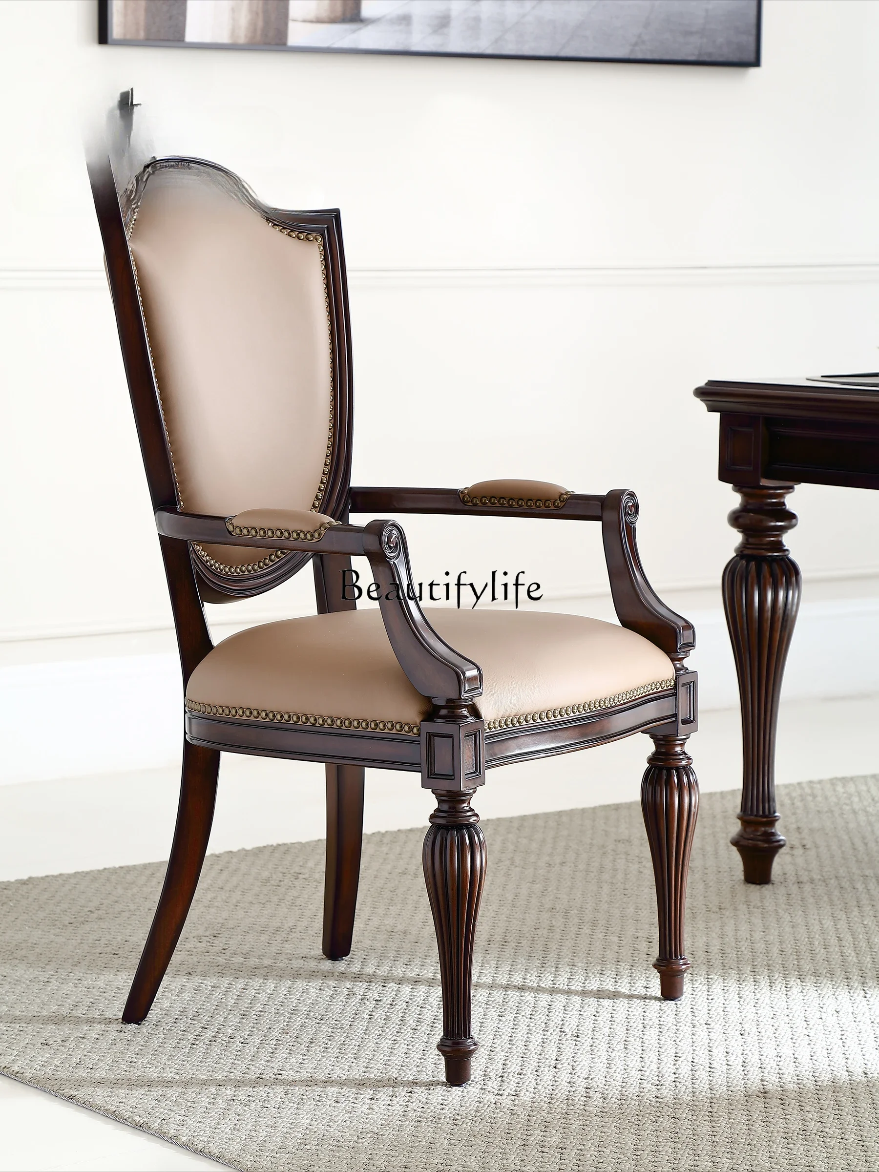 1**American all-leather cherry wood armrest dining chair household solid wood backrest leather desk chair comfortable
