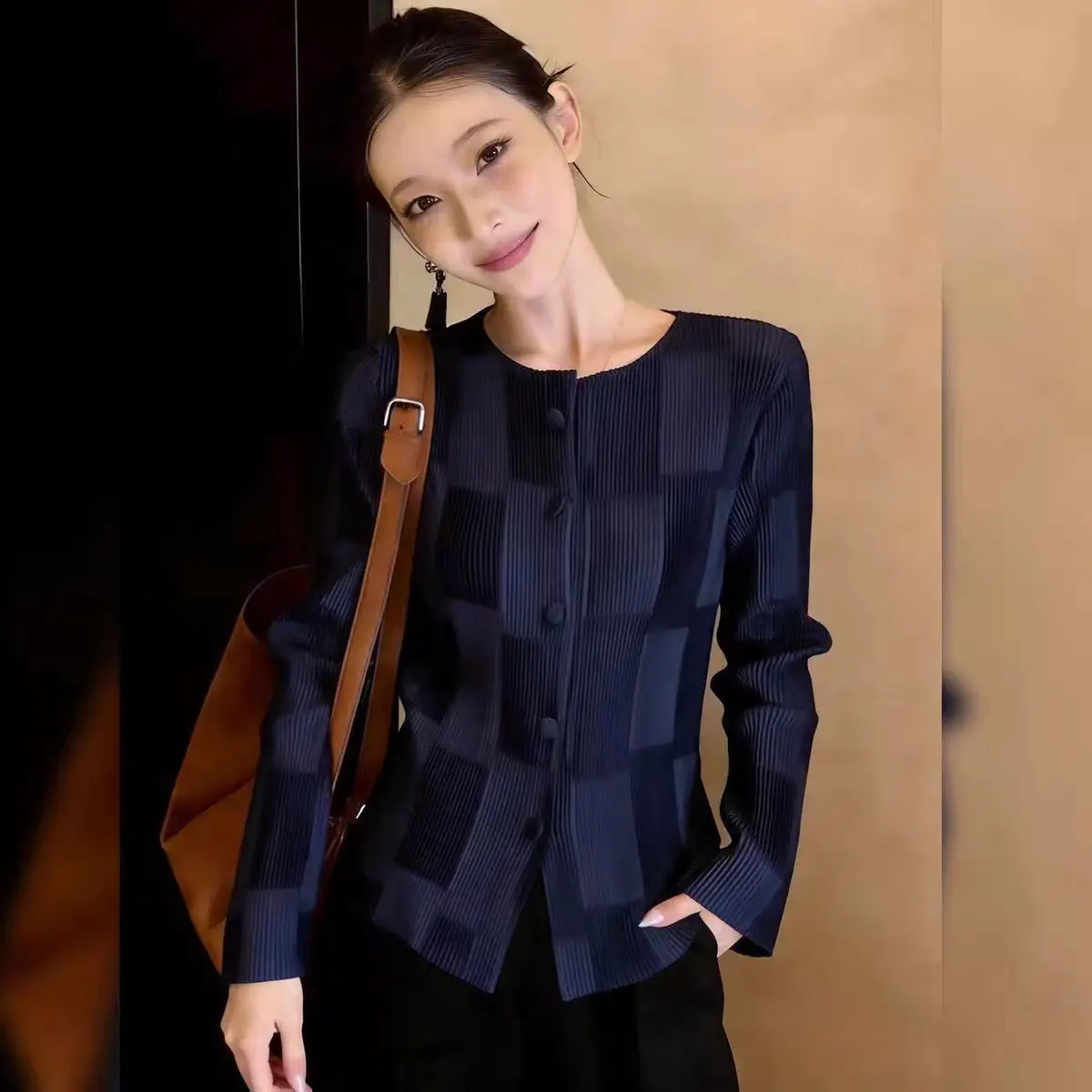 Fold Miyake Pleated Navy Checkered Pleated Cardigan Long Sleeve Button Down Oversized Breathable Casual Women's Jacket Clothing