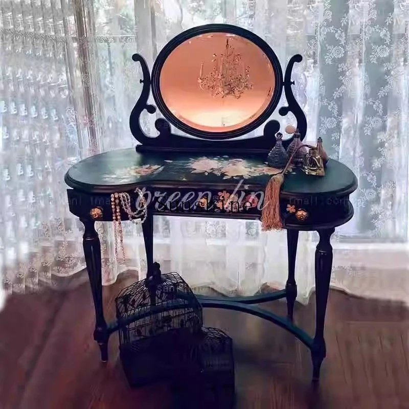 

French retro black solid wood bedroom hand-painted makeup table villa mansion neoclassical makeup table