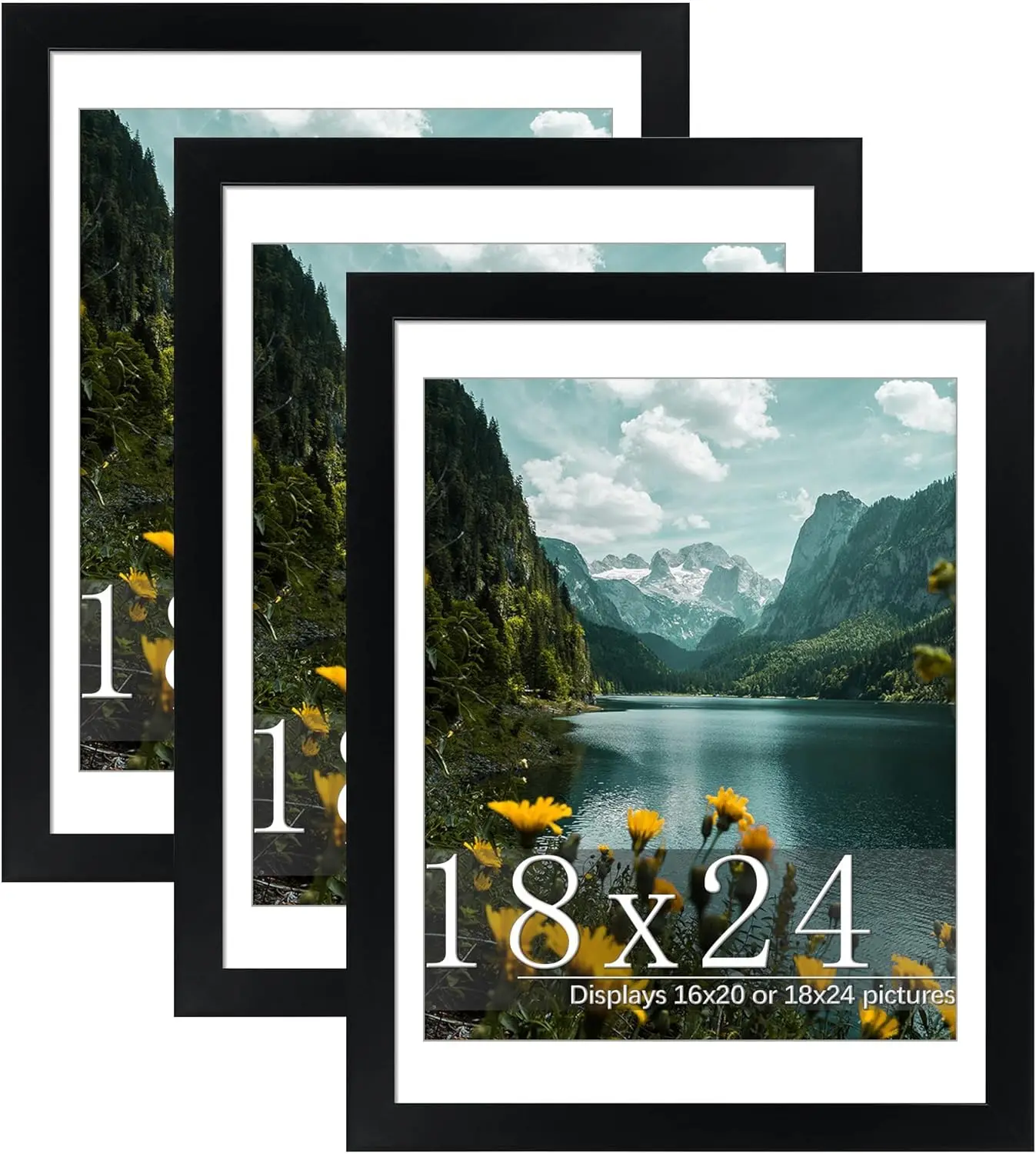 18x24 Photo Frames 3 Pack, Black Poster Frames, Display Posters 16 x 20 with Mat or 18 x 24 without Mat