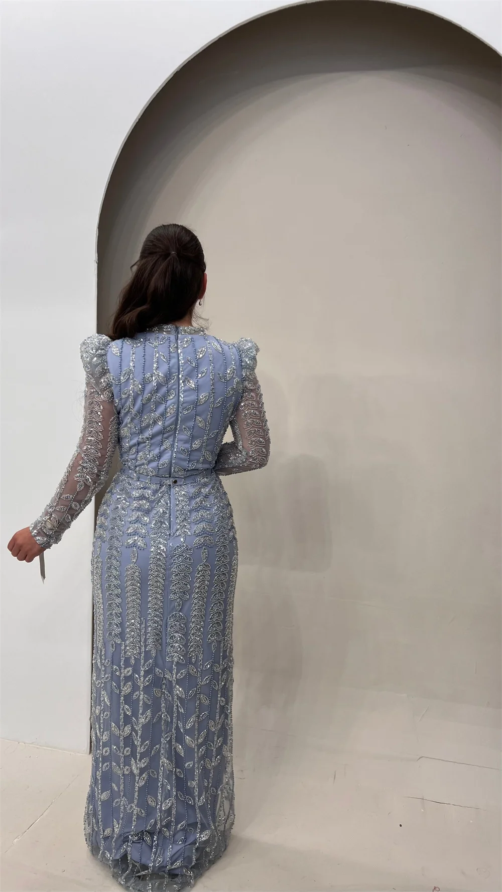 Cathy Aangepaste Blauwe Hoge Hals Kralen Galajurken Borduren Pure Mouw vestidos de noiva Luxe Vloerlengte Formele Avond