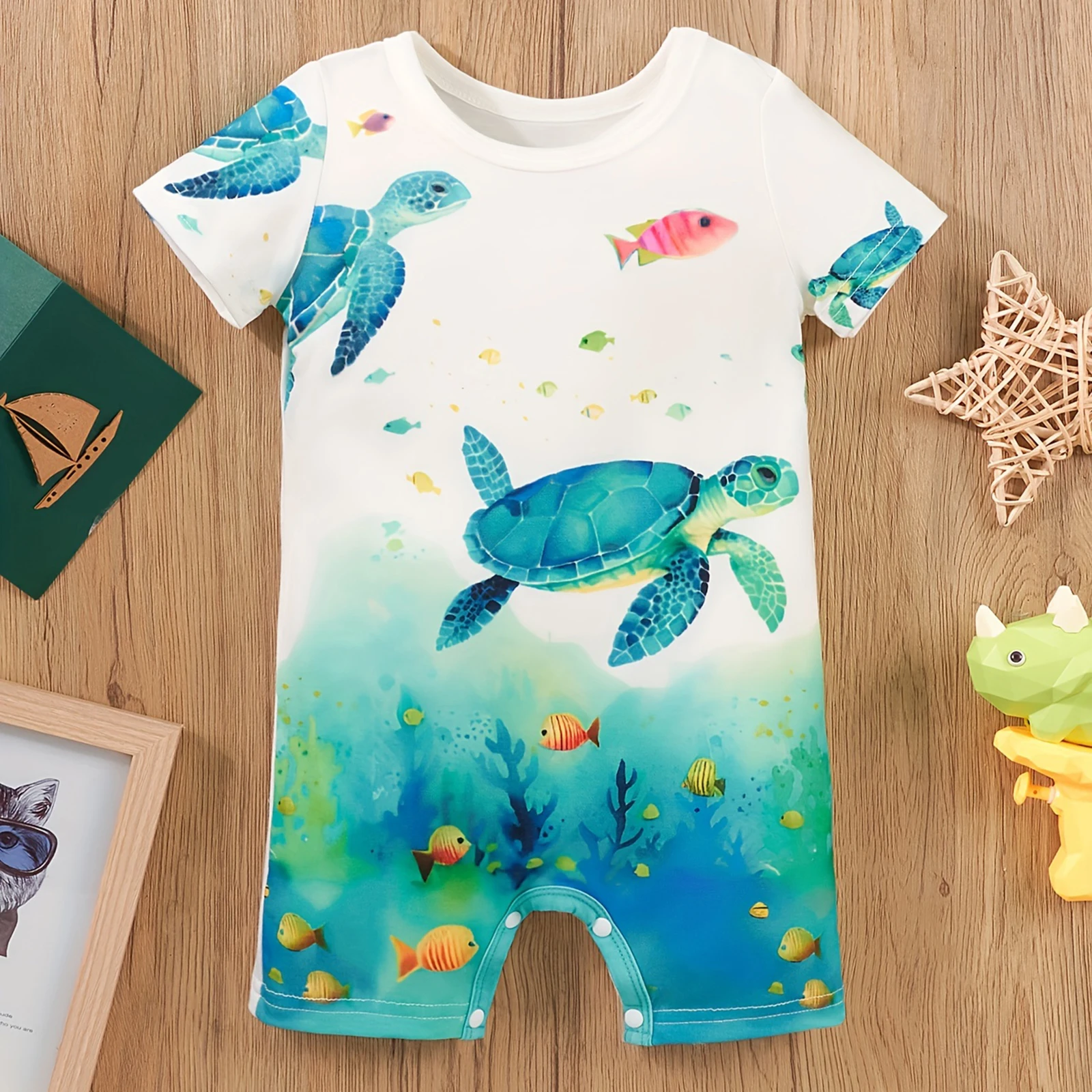 0-24Months Baby Summer Cartoon Short Sleeved Jumpsuit Cute Turtle Baby Jumpsuit Newborn Outdoor Comfortable Soft Climbing Suit