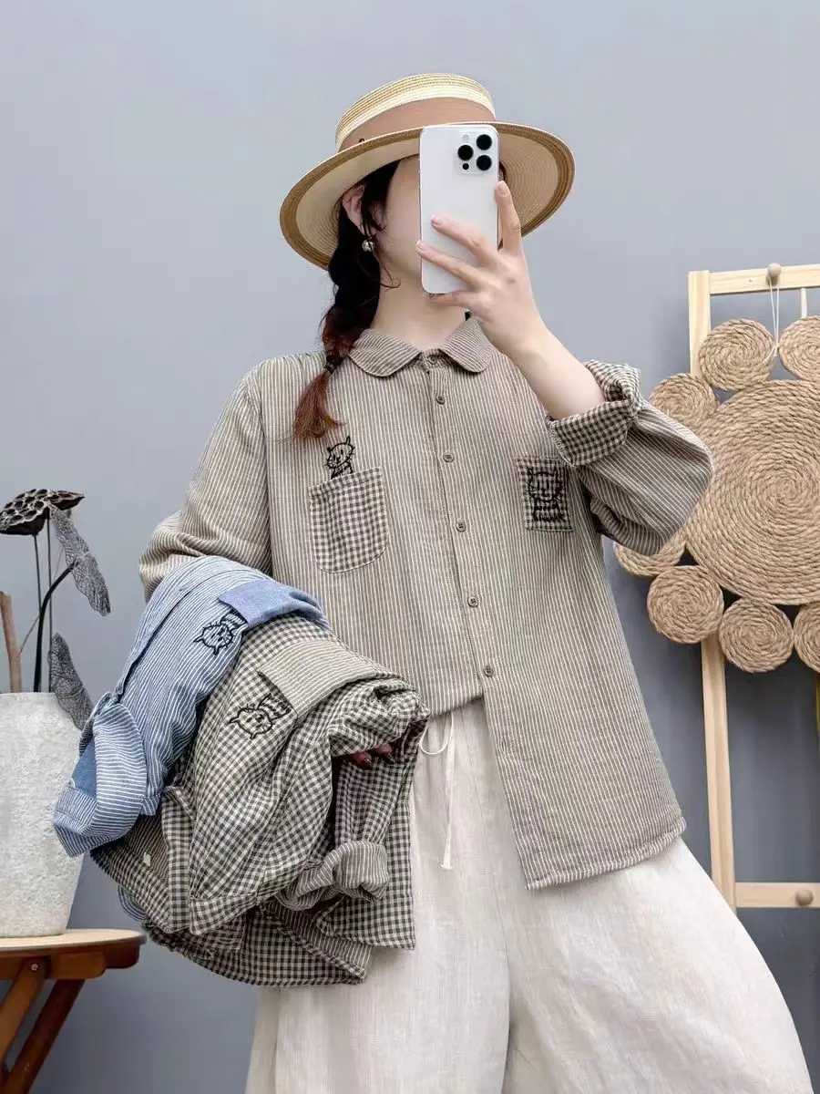 

Японская женская осенняя свободная повседневная блузка из двухслойного хлопка в полоску с вышивкой